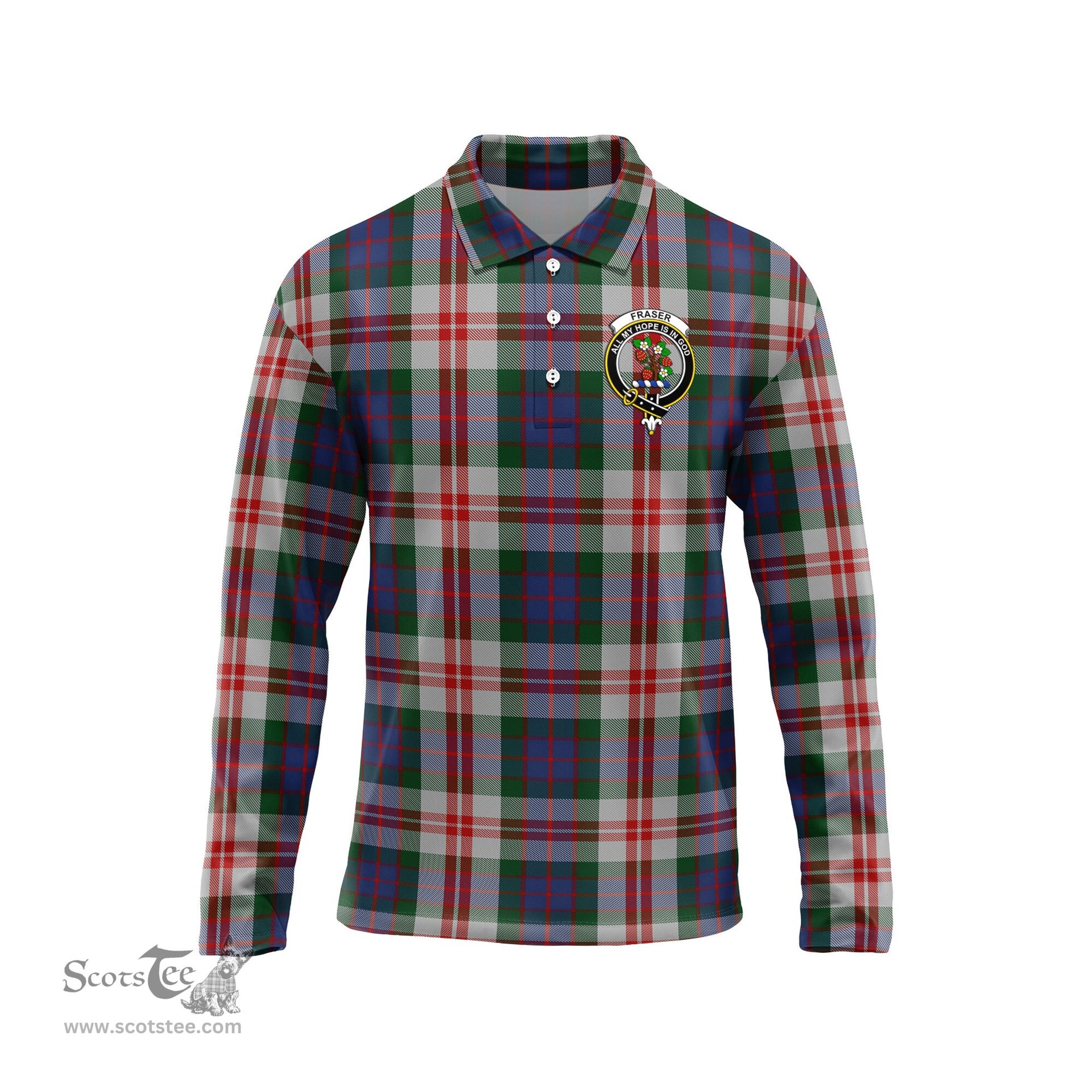 Scottish Fraser Red Dress Clan Crest Tartan Polo Long Sleeve Plaid Polo Shirt