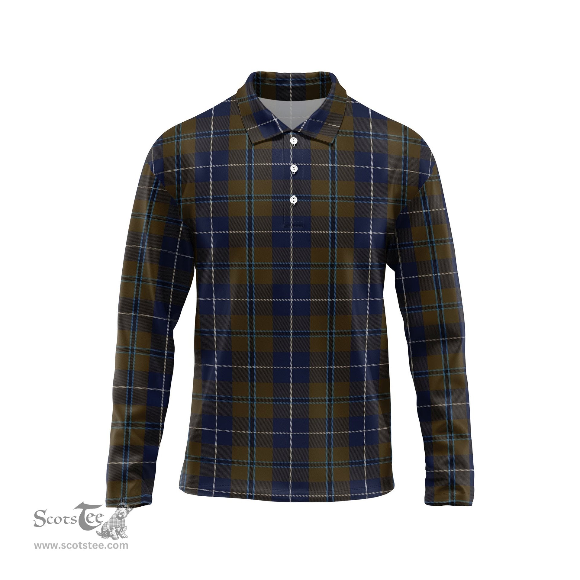 Scottish Douglas Brown Tartan Long Sleeve Plaid Polo Shirt