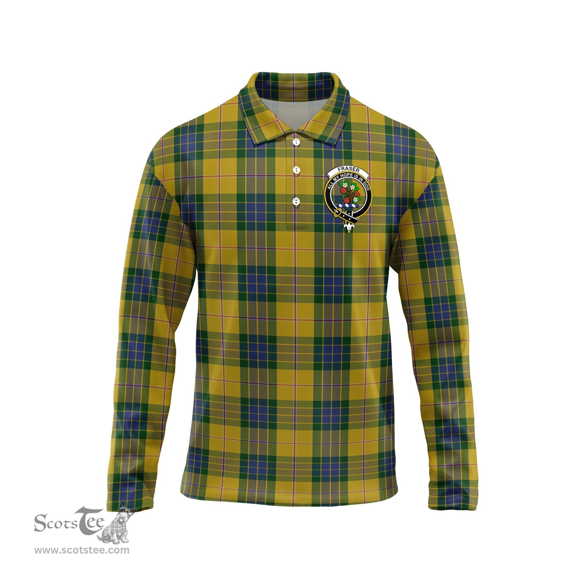 Scottish Fraser Yellow Clan Crest Tartan Polo Long Sleeve Plaid Polo Shirt