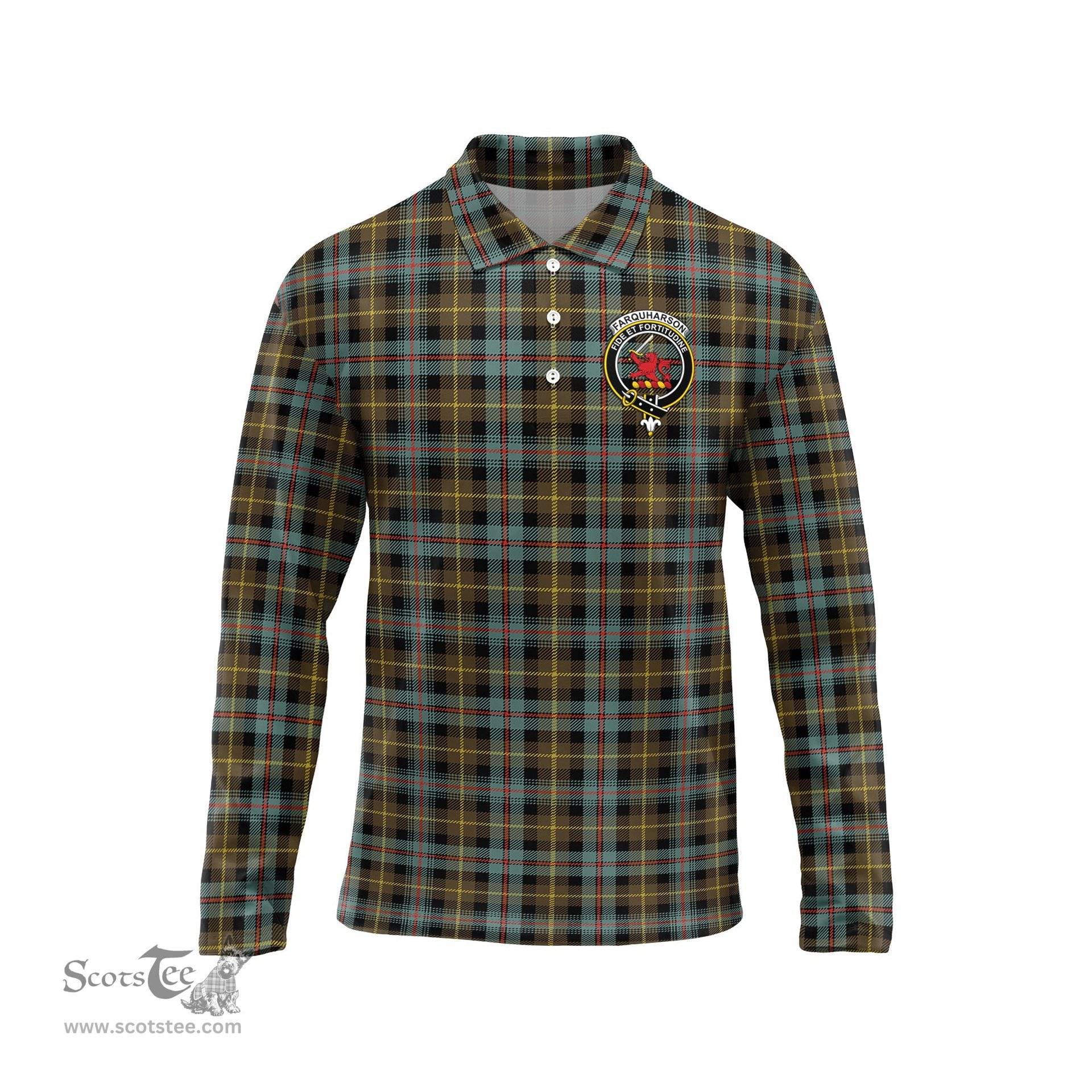 Scottish Farquharson Weathered Clan Crest Tartan Polo Long Sleeve Plaid Polo Shirt