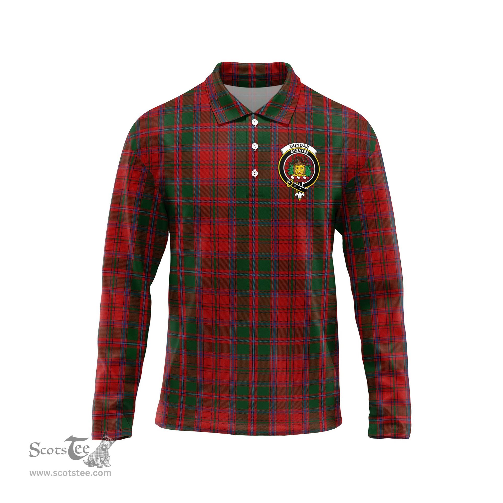 Scottish Dundas Red Clan Crest Tartan Polo Long Sleeve Plaid Polo Shirt