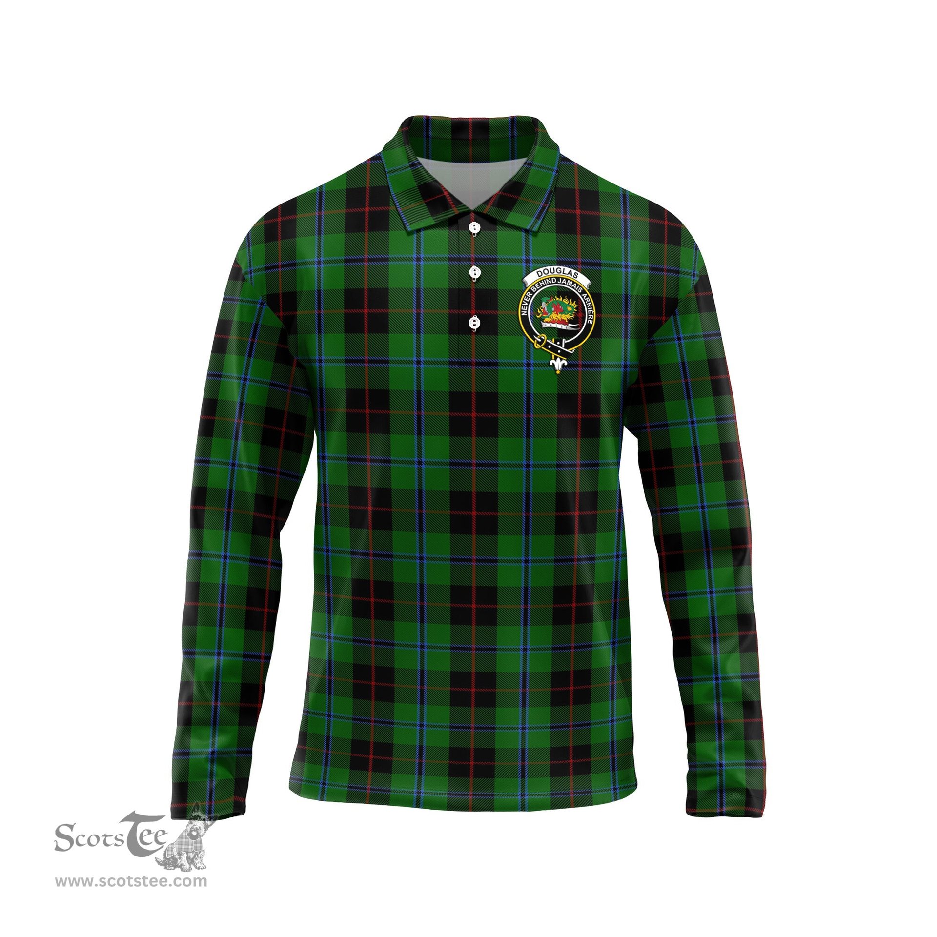 Scottish Douglas Black Clan Crest Tartan Polo Long Sleeve Plaid Polo Shirt