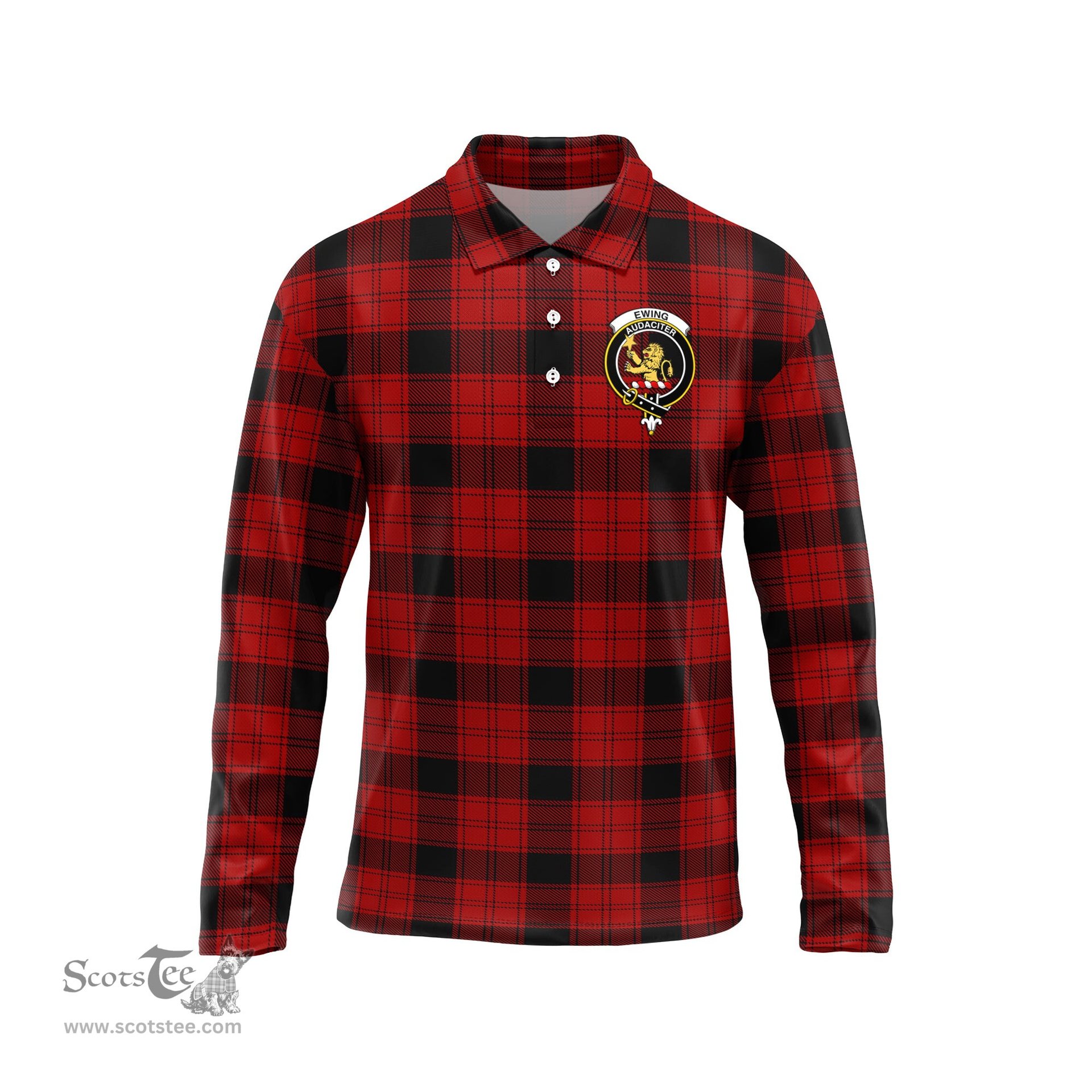 Scottish Ewing Clan Crest Tartan Polo Long Sleeve Plaid Polo Shirt