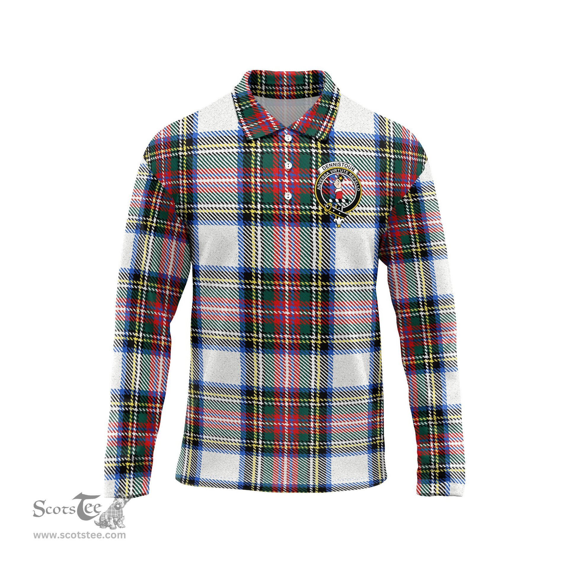 Scottish Dennistoun Clan Crest Tartan Polo Long Sleeve Plaid Polo Shirt