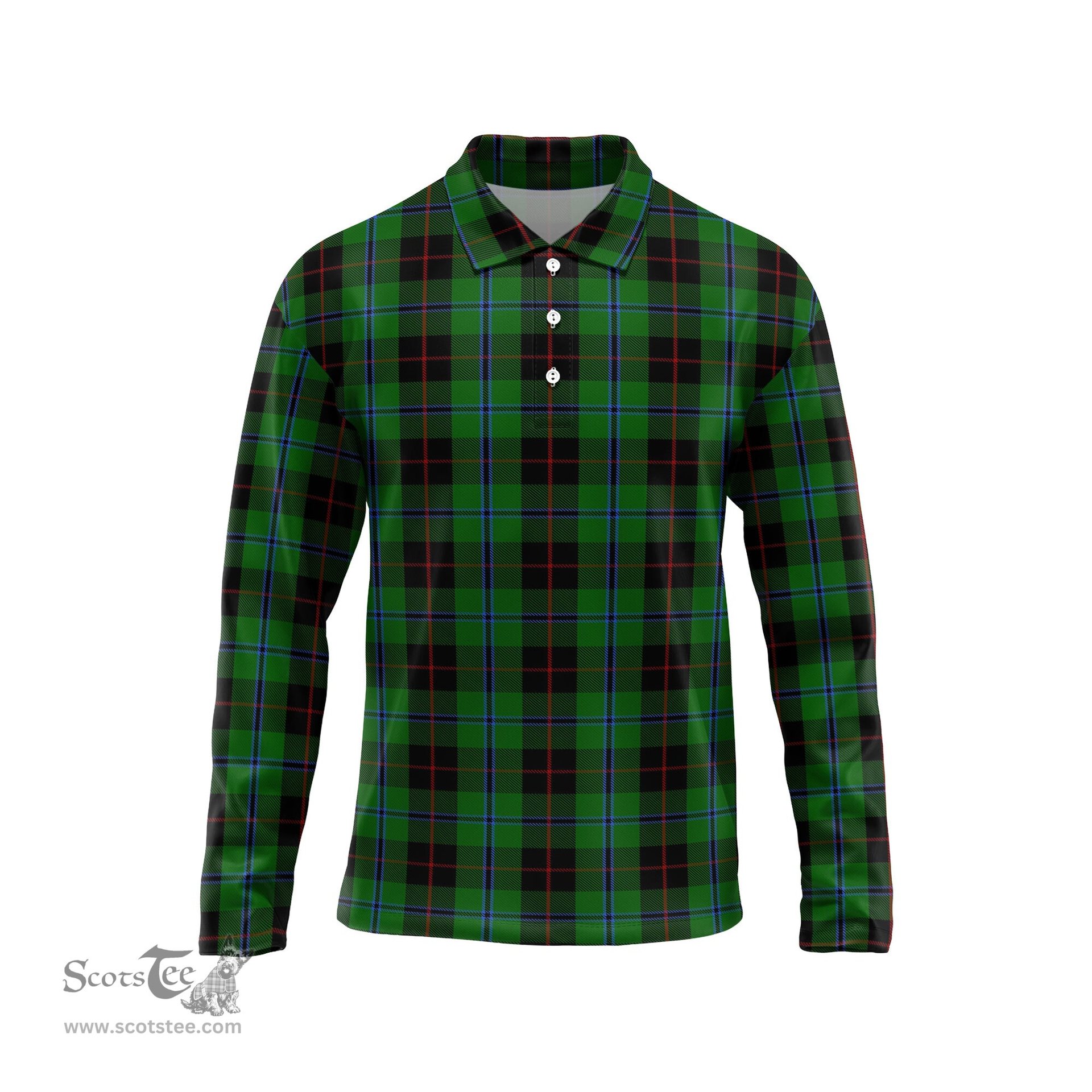 Scottish Douglas Black Tartan Long Sleeve Plaid Polo Shirt