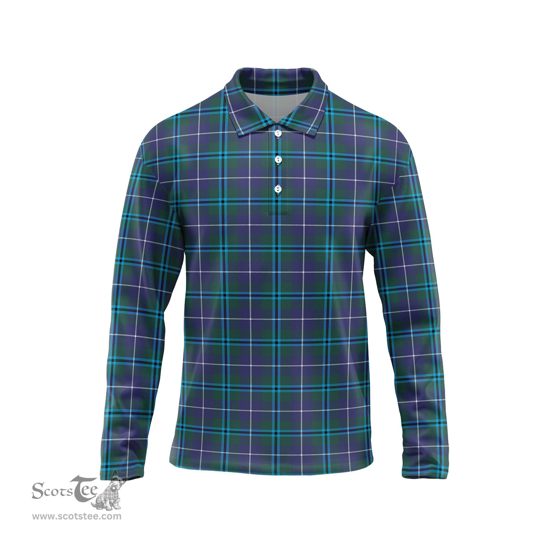 Scottish Douglas Modern Tartan Long Sleeve Plaid Polo Shirt
