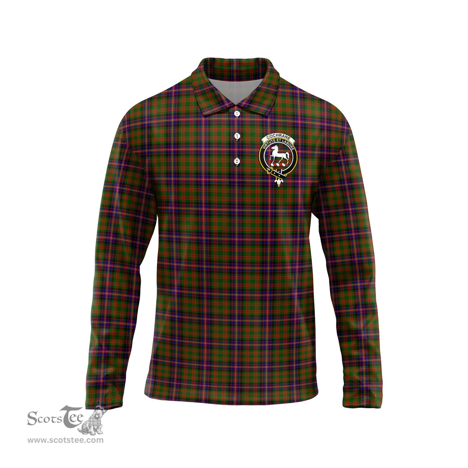 Scottish Cochrane Modern Clan Crest Tartan Polo Long Sleeve Plaid Polo Shirt