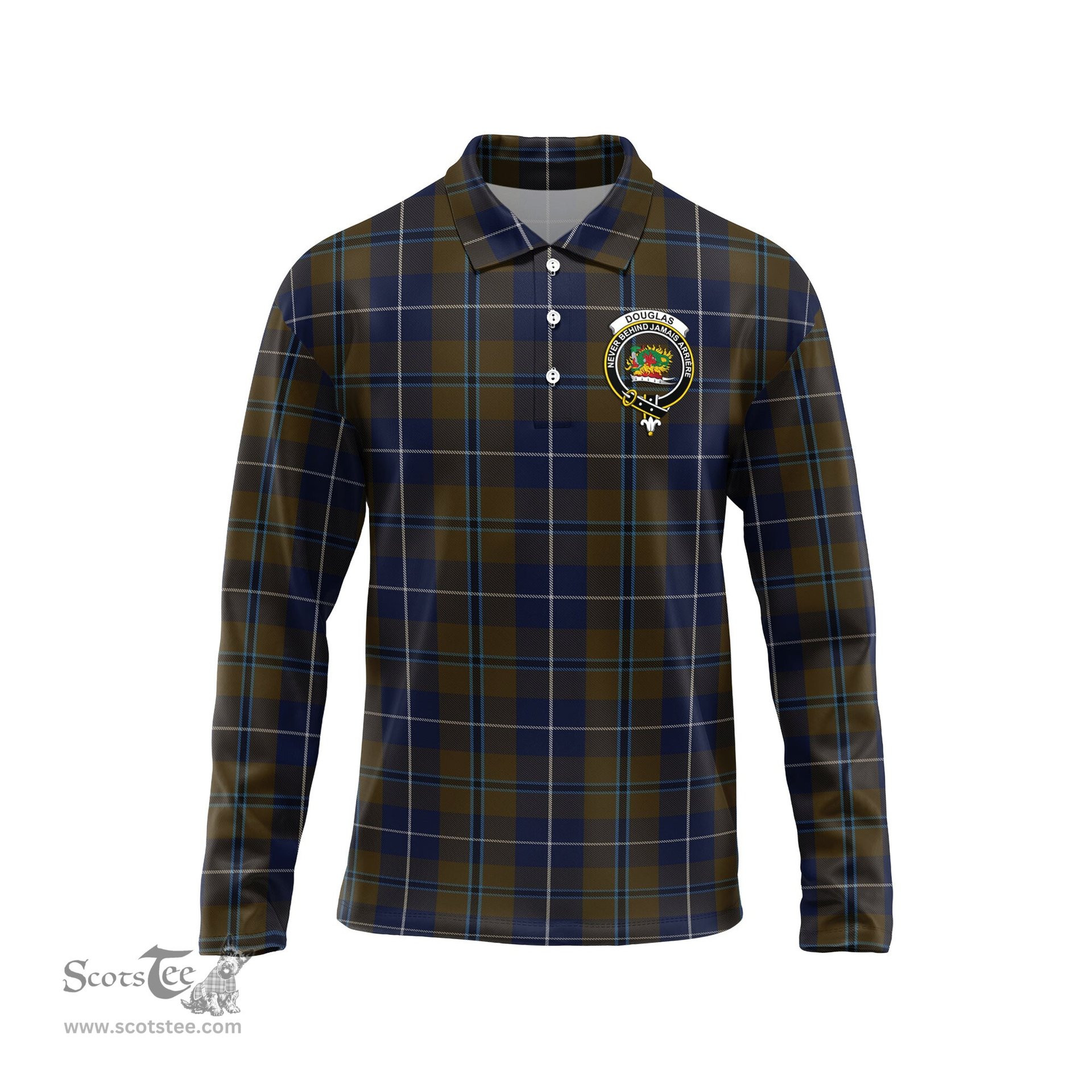 Scottish Douglas Brown Clan Crest Tartan Polo Long Sleeve Plaid Polo Shirt