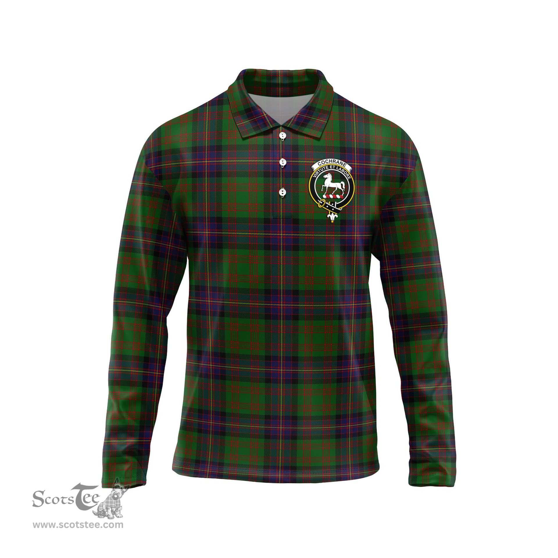 Scottish Cochrane Clan Crest Tartan Polo Long Sleeve Plaid Polo Shirt