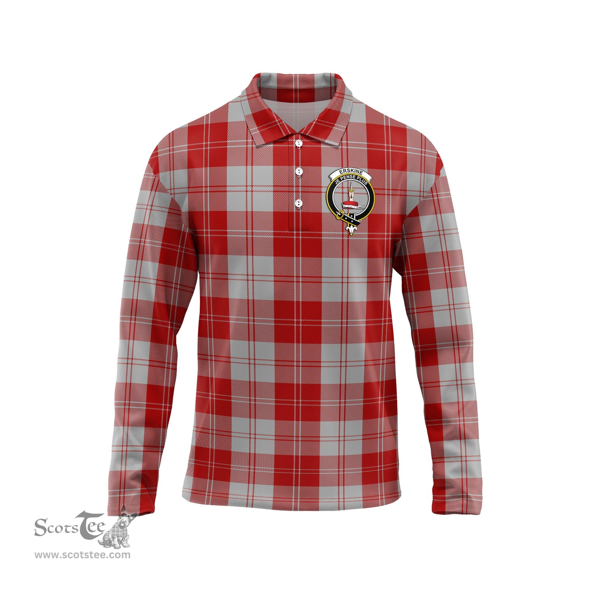 Scottish Erskine Red Clan Crest Tartan Polo Long Sleeve Plaid Polo Shirt