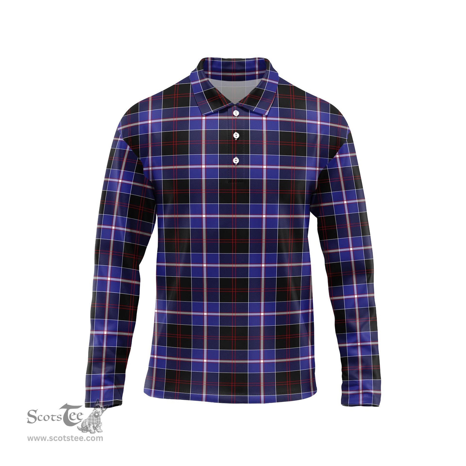 Scottish Dunlop Modern Tartan Long Sleeve Plaid Polo Shirt