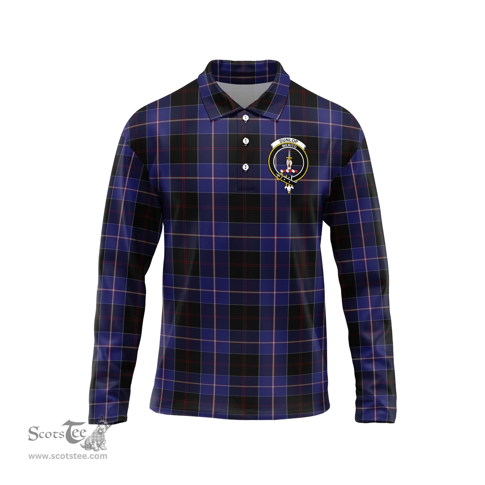 Scottish Dunlop Clan Crest Tartan Polo Long Sleeve Plaid Polo Shirt