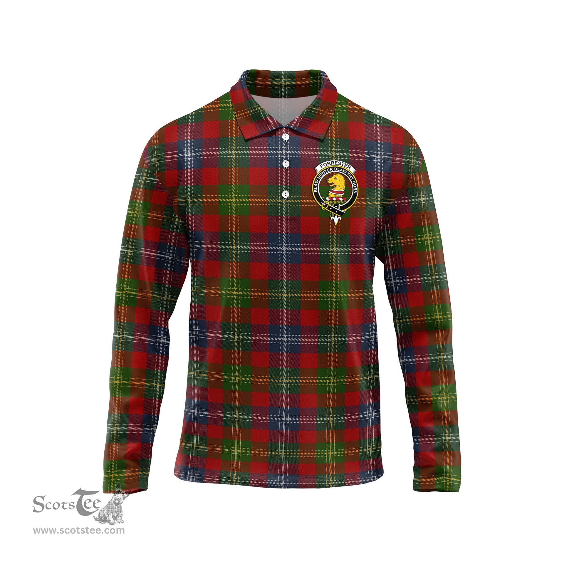 Scottish Forrester or Foster Clan Crest Tartan Polo Long Sleeve Plaid Polo Shirt