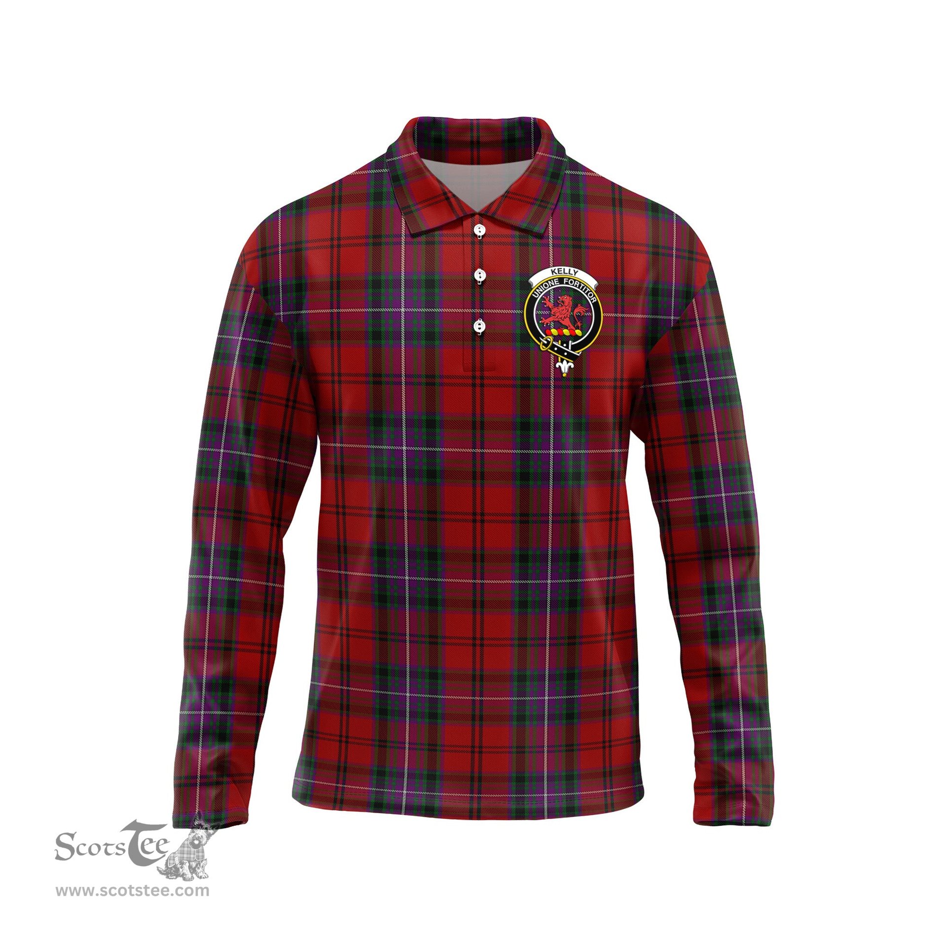 Scottish Kelly of Sleat Red Clan Crest Tartan Polo Long Sleeve Plaid Polo Shirt