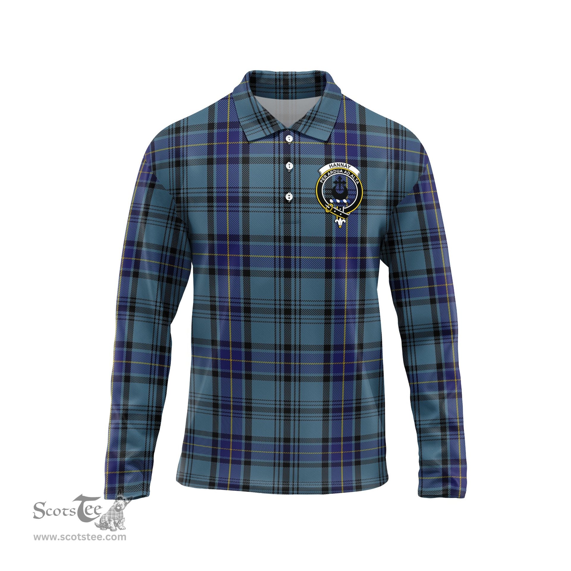 Scottish Hannay Blue Clan Crest Tartan Polo Long Sleeve Plaid Polo Shirt