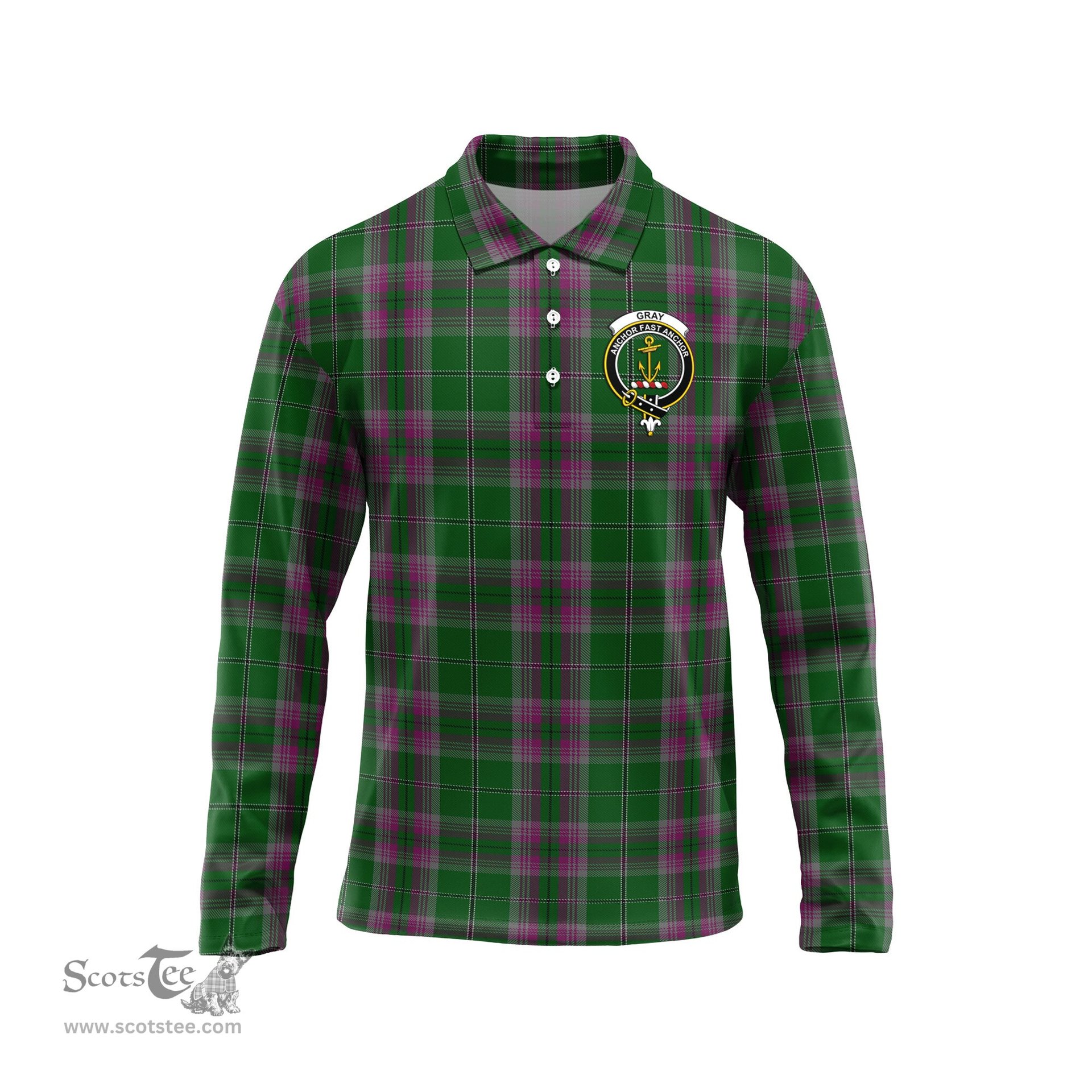 Scottish Gray Hunting Clan Crest Tartan Polo Long Sleeve Plaid Polo Shirt