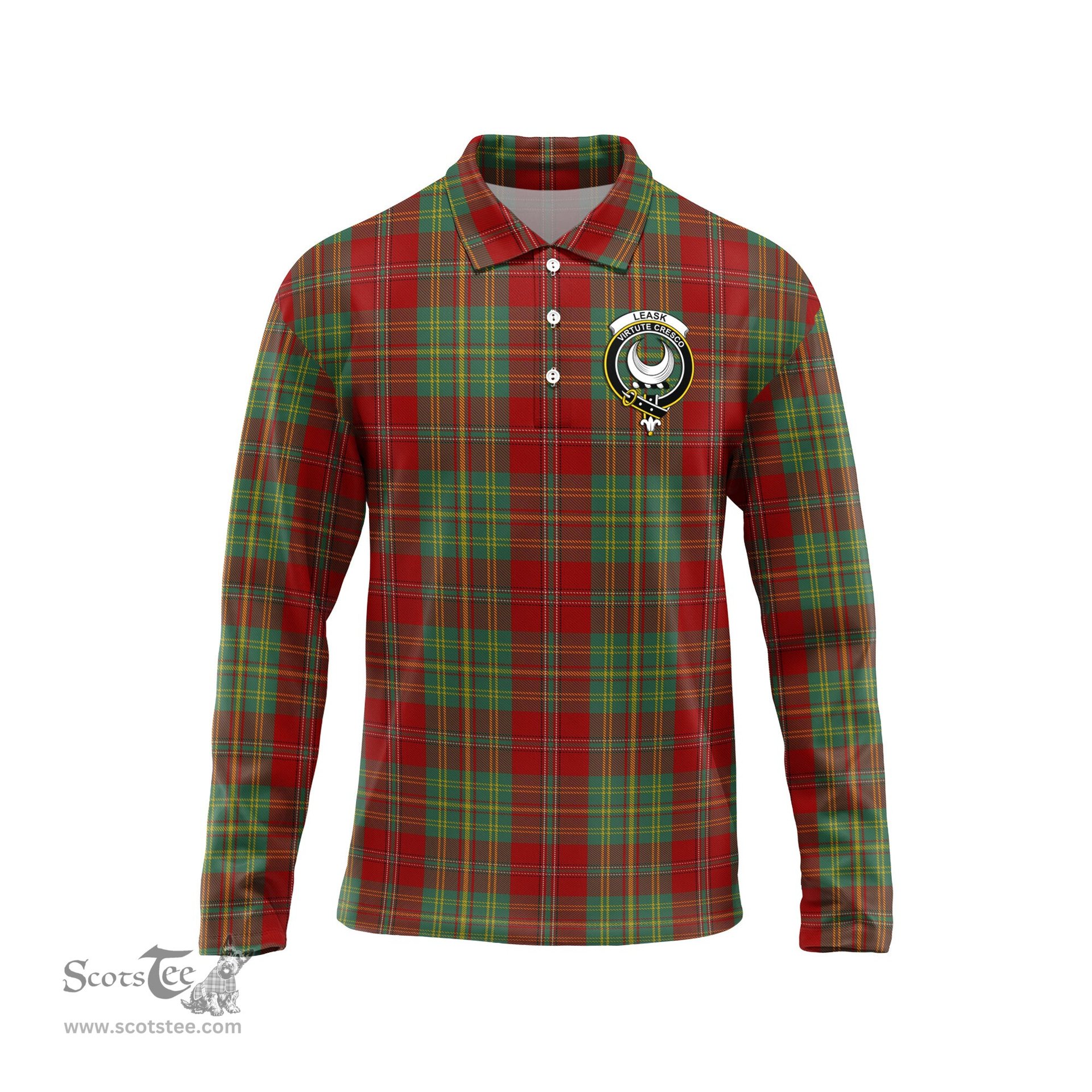 Scottish Leask Clan Crest Tartan Polo Long Sleeve Plaid Polo Shirt