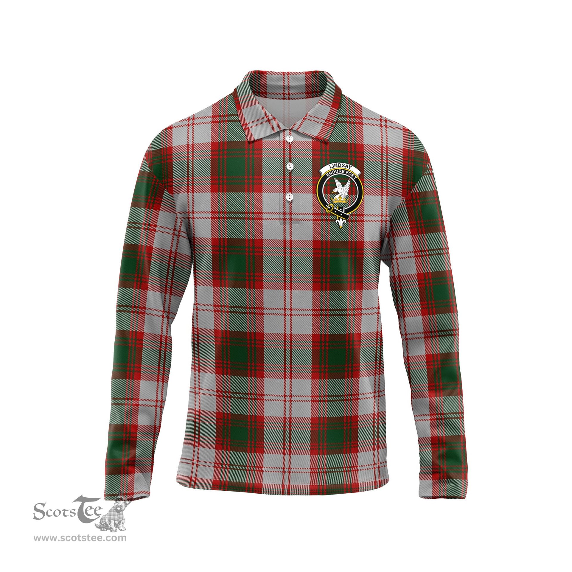 Scottish Lindsay Dress Red Clan Crest Tartan Polo Long Sleeve Plaid Polo Shirt