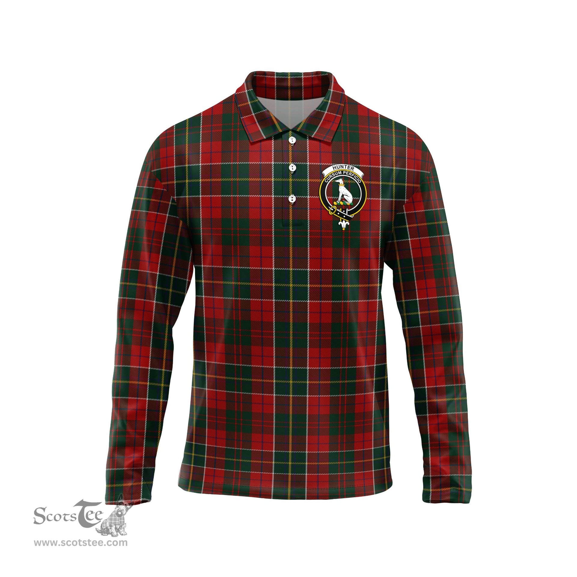 Scottish Hunter USA Clan Crest Tartan Polo Long Sleeve Plaid Polo Shirt