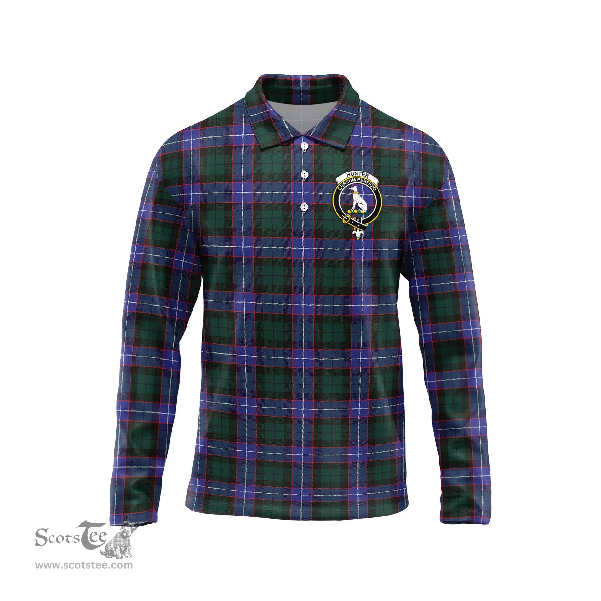 Scottish Hunter Modern Clan Crest Tartan Polo Long Sleeve Plaid Polo Shirt
