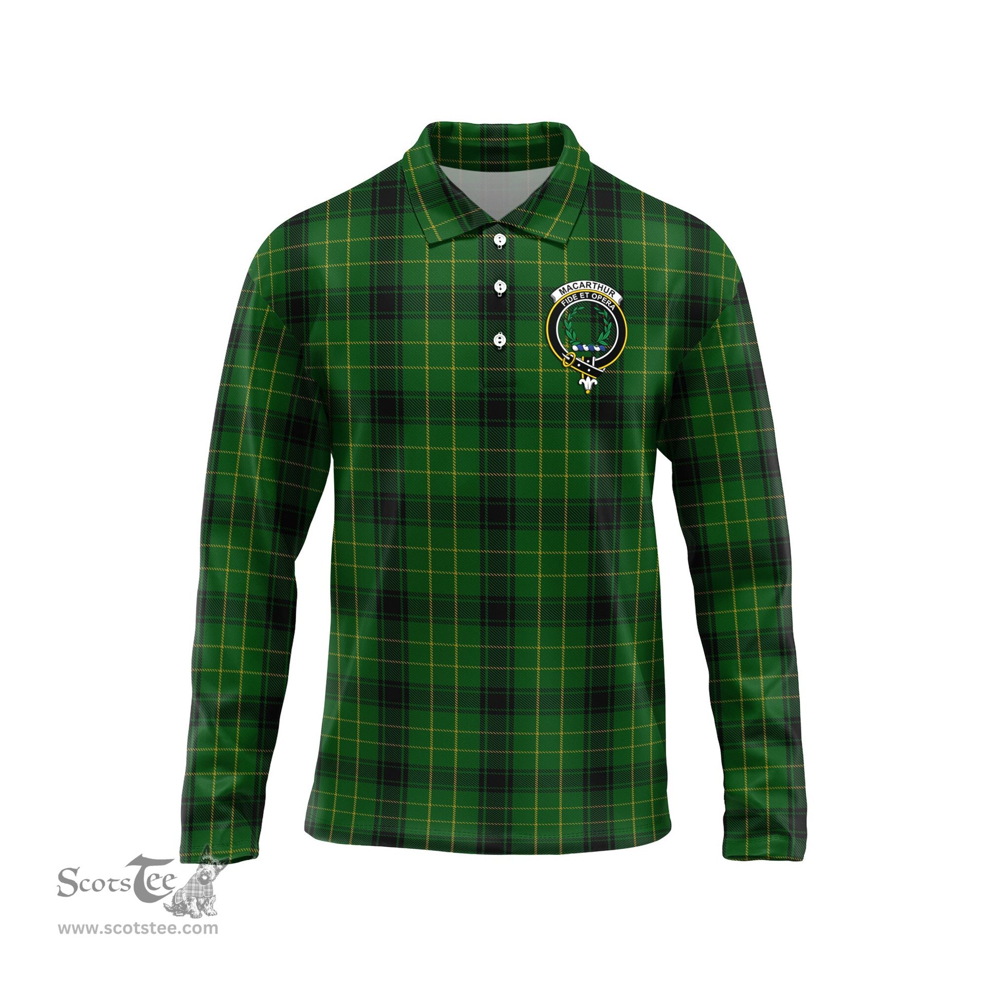 Scottish MacArthur Highland Clan Crest Tartan Polo Long Sleeve Plaid Polo Shirt
