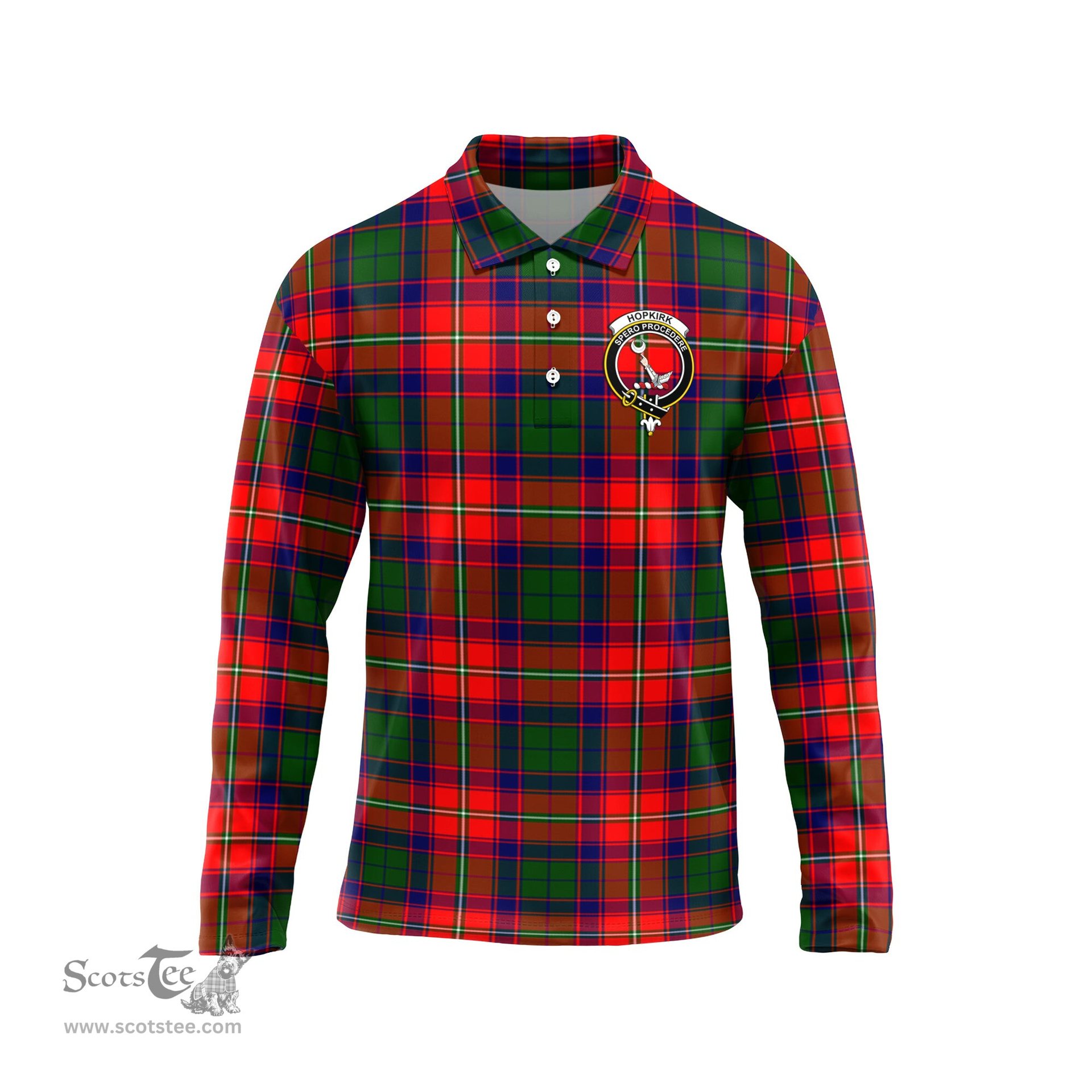 Scottish Hopkirk Clan Crest Tartan Polo Long Sleeve Plaid Polo Shirt