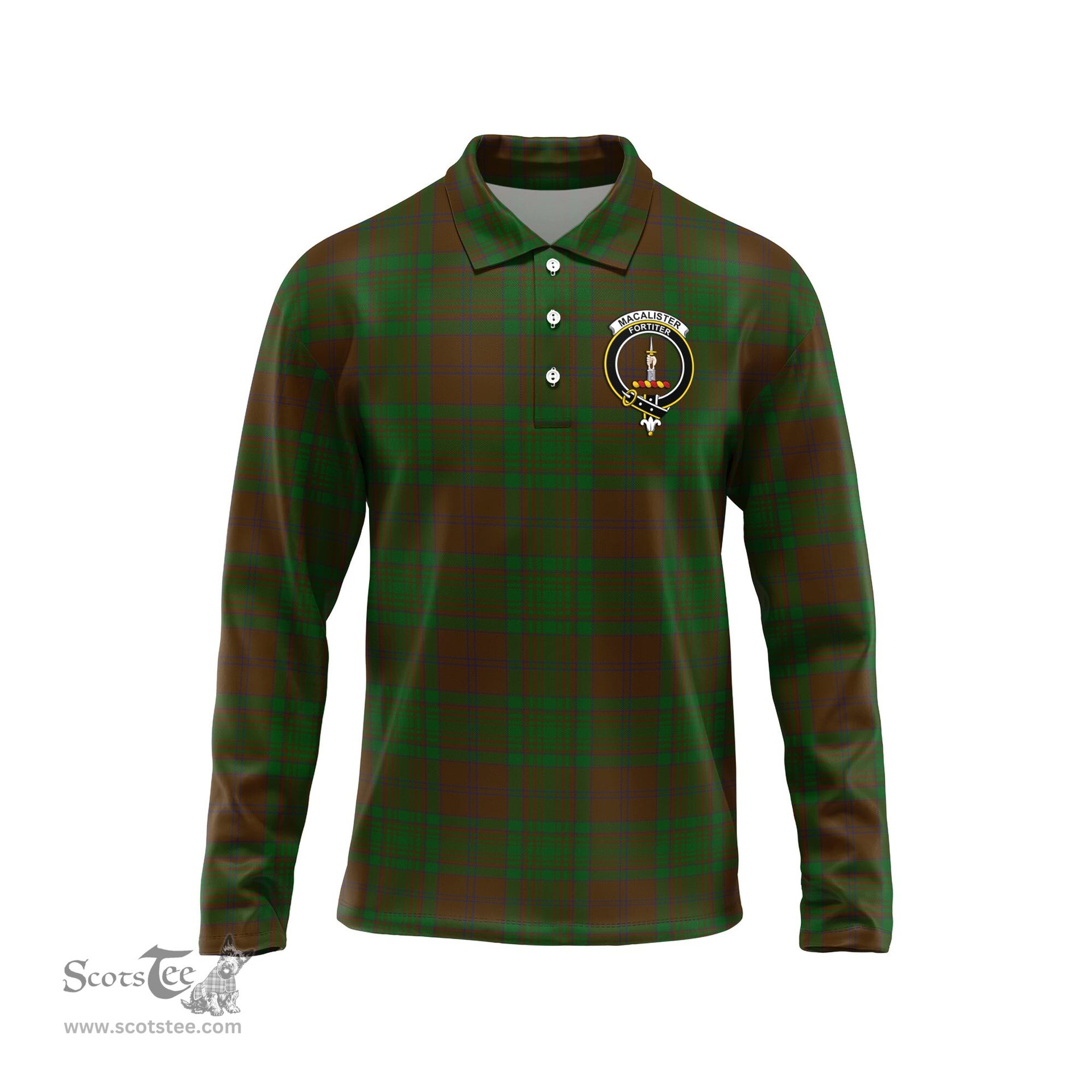 Scottish MacAlister of Glenbarr Hunting Clan Crest Tartan Polo Long Sleeve Plaid Polo Shirt