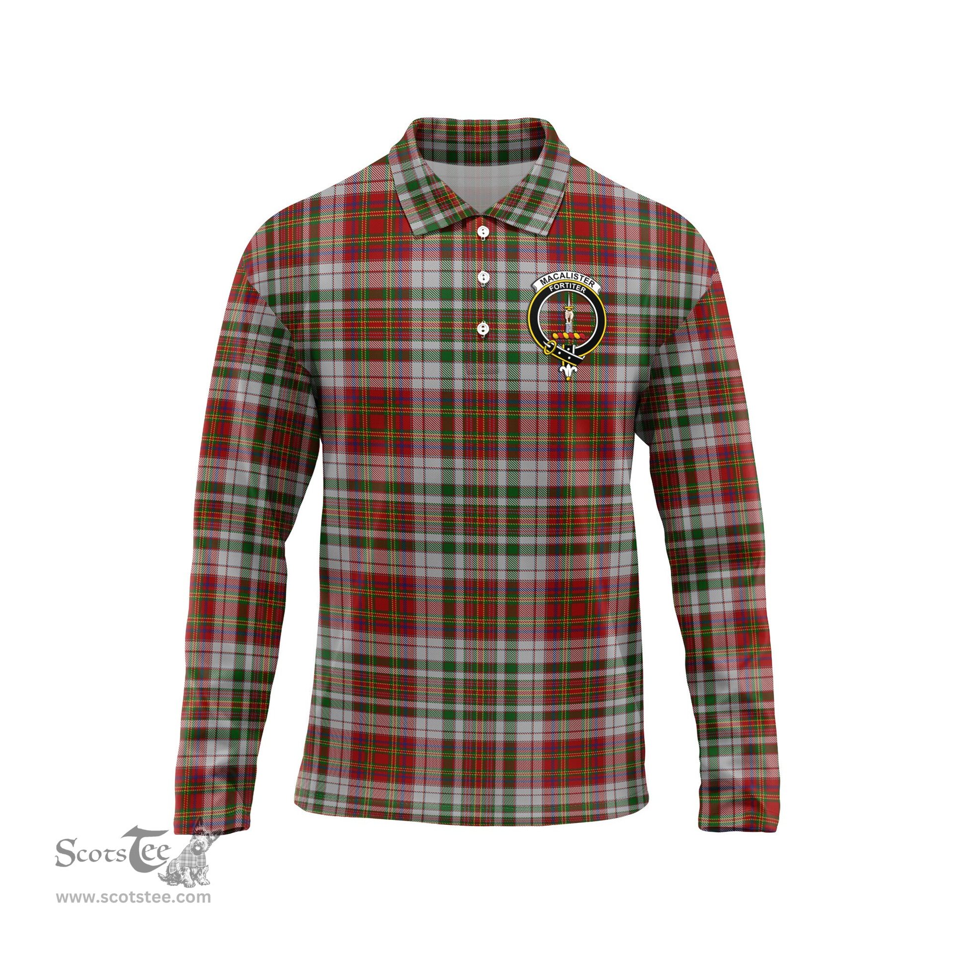 Scottish MacAlister Dress Clan Crest Tartan Polo Long Sleeve Plaid Polo Shirt