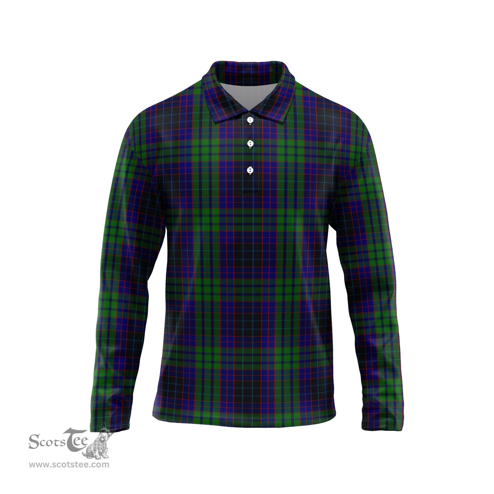 Scottish Lumsden Green Tartan Long Sleeve Plaid Polo Shirt