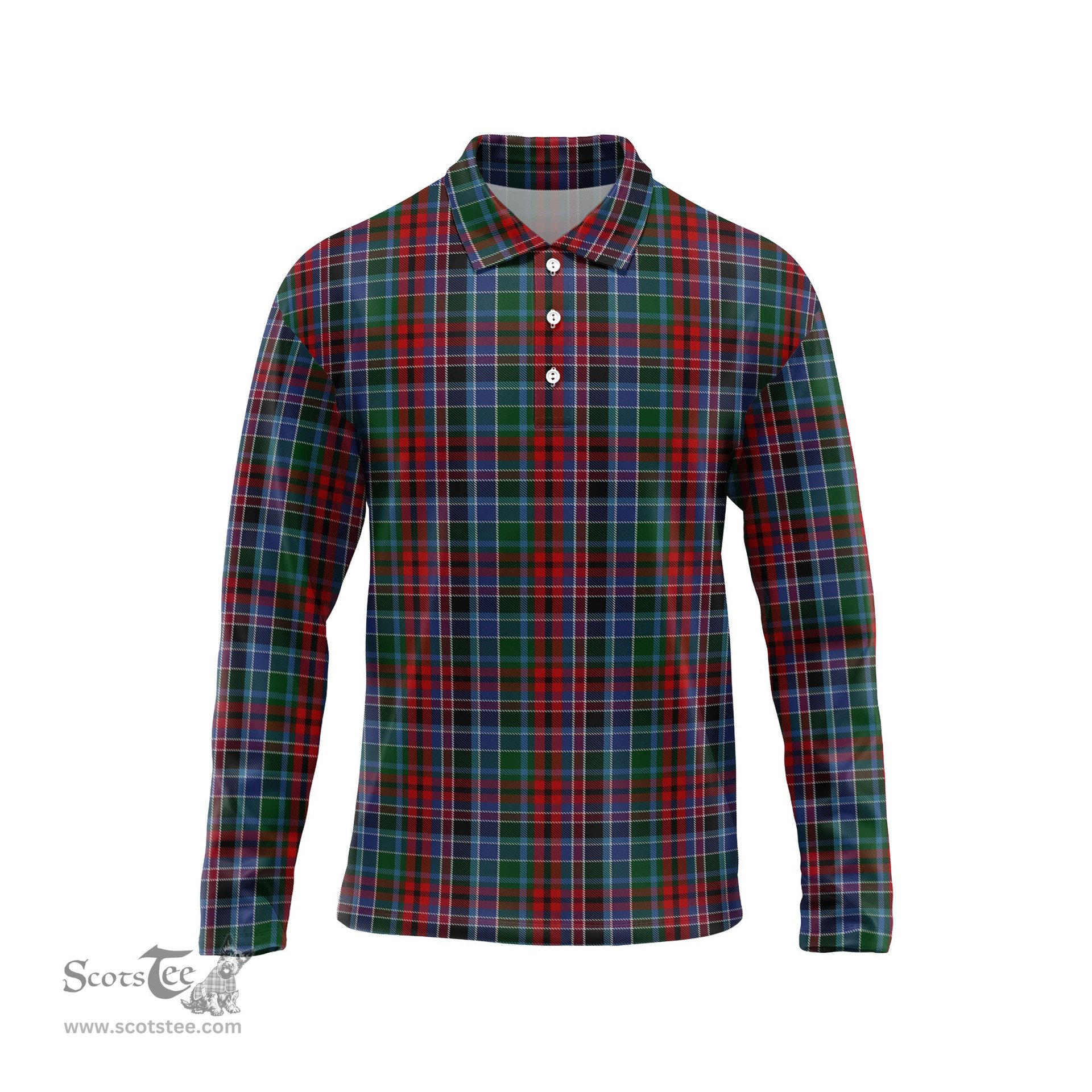 Scottish Gordon Red Tartan Long Sleeve Plaid Polo Shirt