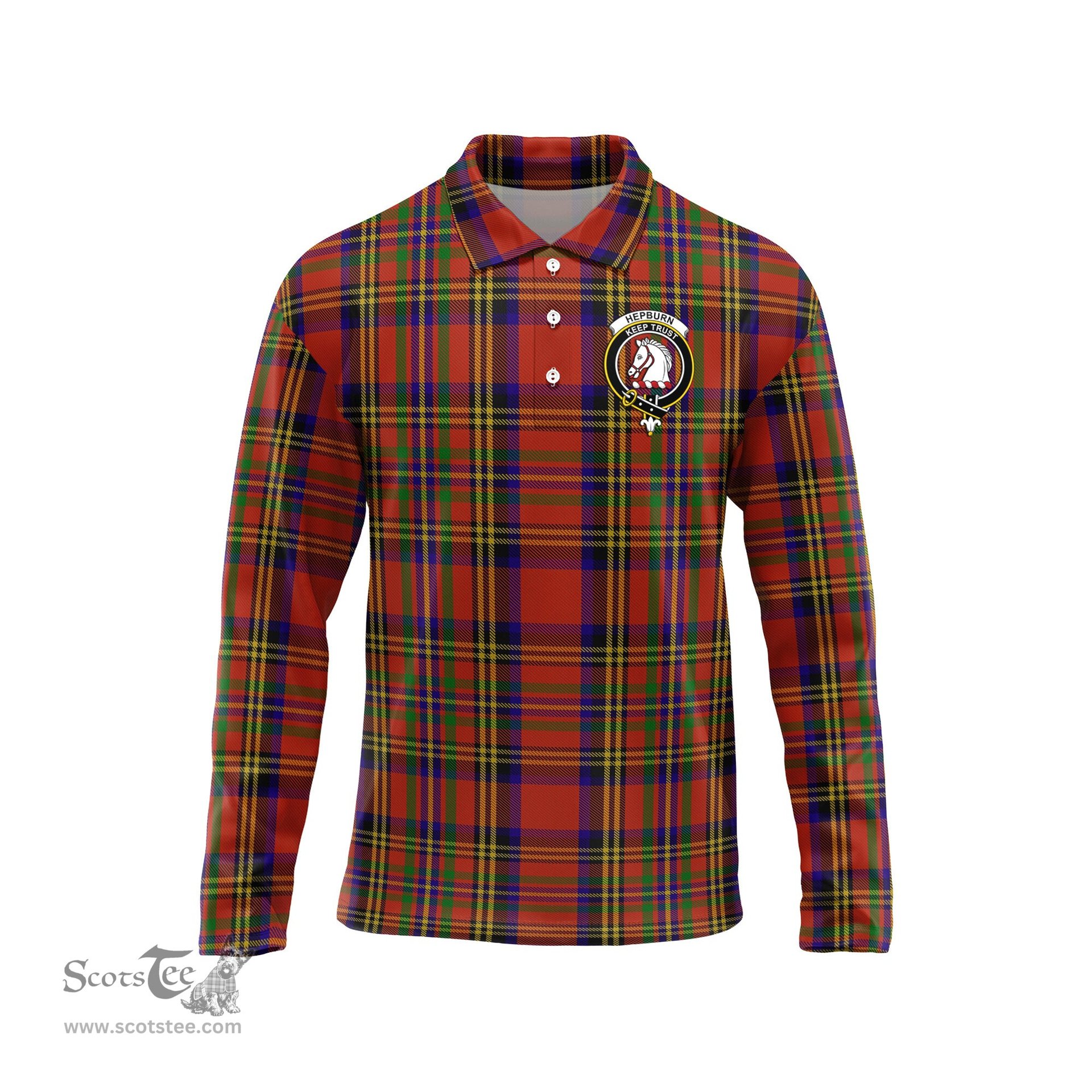 Scottish Hepburn Clan Crest Tartan Polo Long Sleeve Plaid Polo Shirt