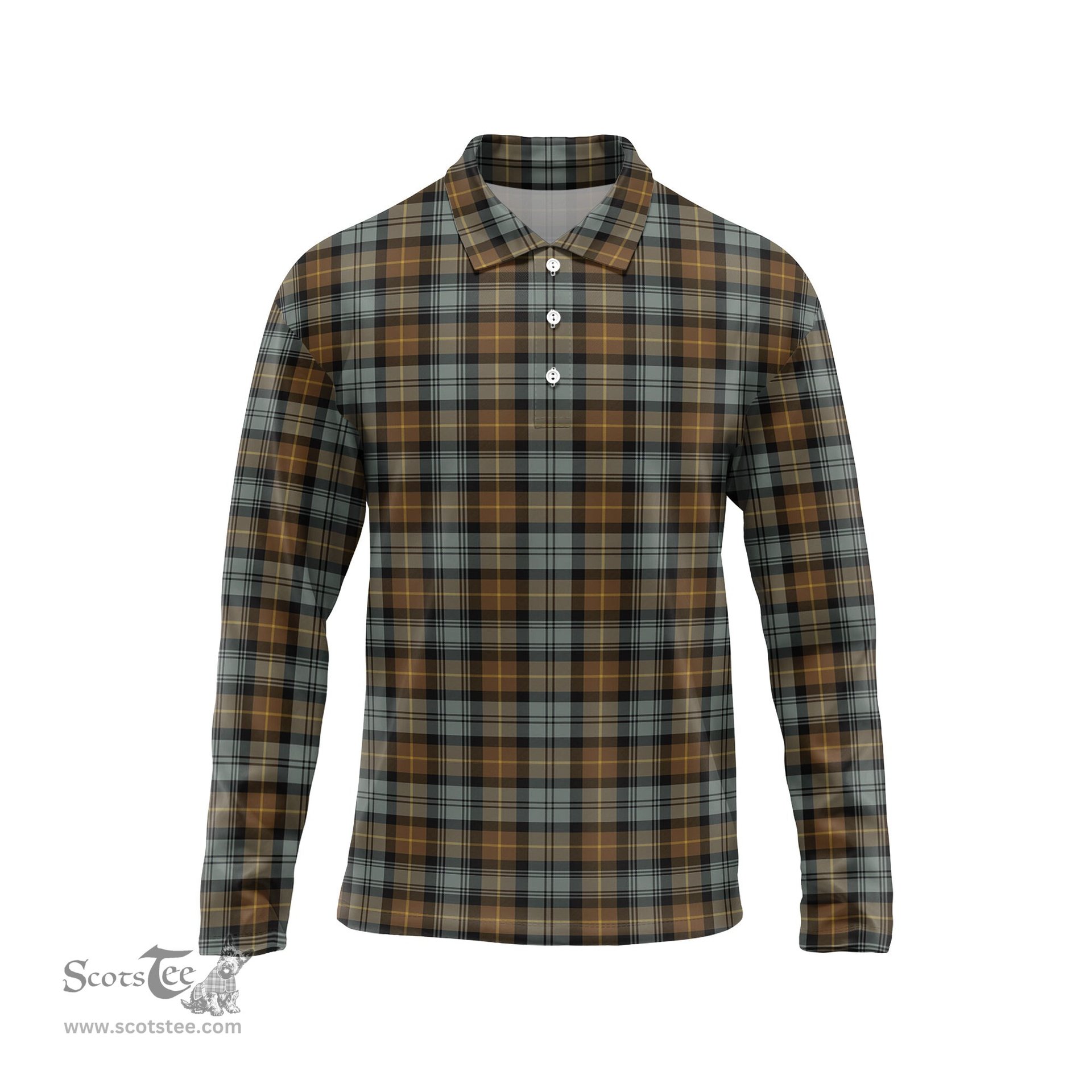 Scottish Gordon Weathered Tartan Long Sleeve Plaid Polo Shirt