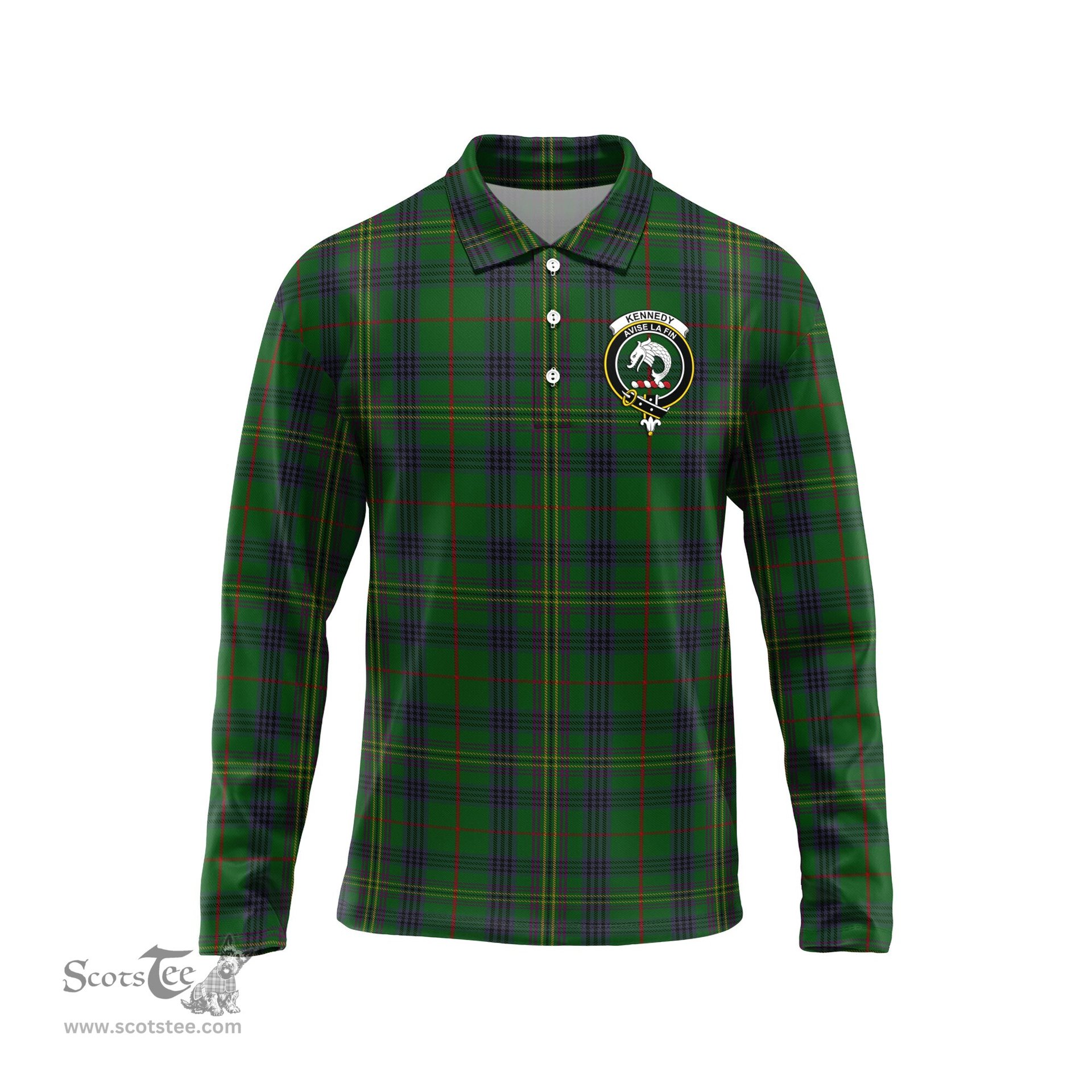 Scottish Kennedy Clan Crest Tartan Polo Long Sleeve Plaid Polo Shirt