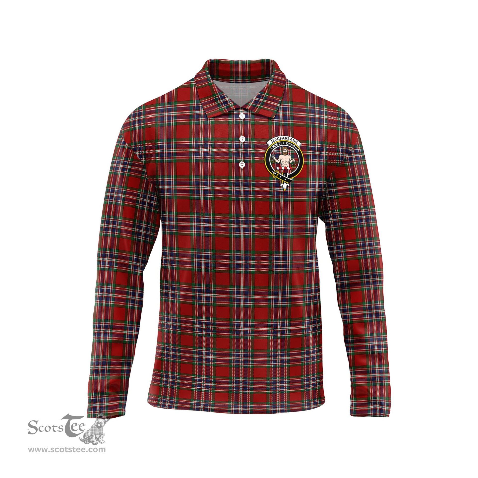 Scottish MacFarlane Red Clan Crest Tartan Polo Long Sleeve Plaid Polo Shirt