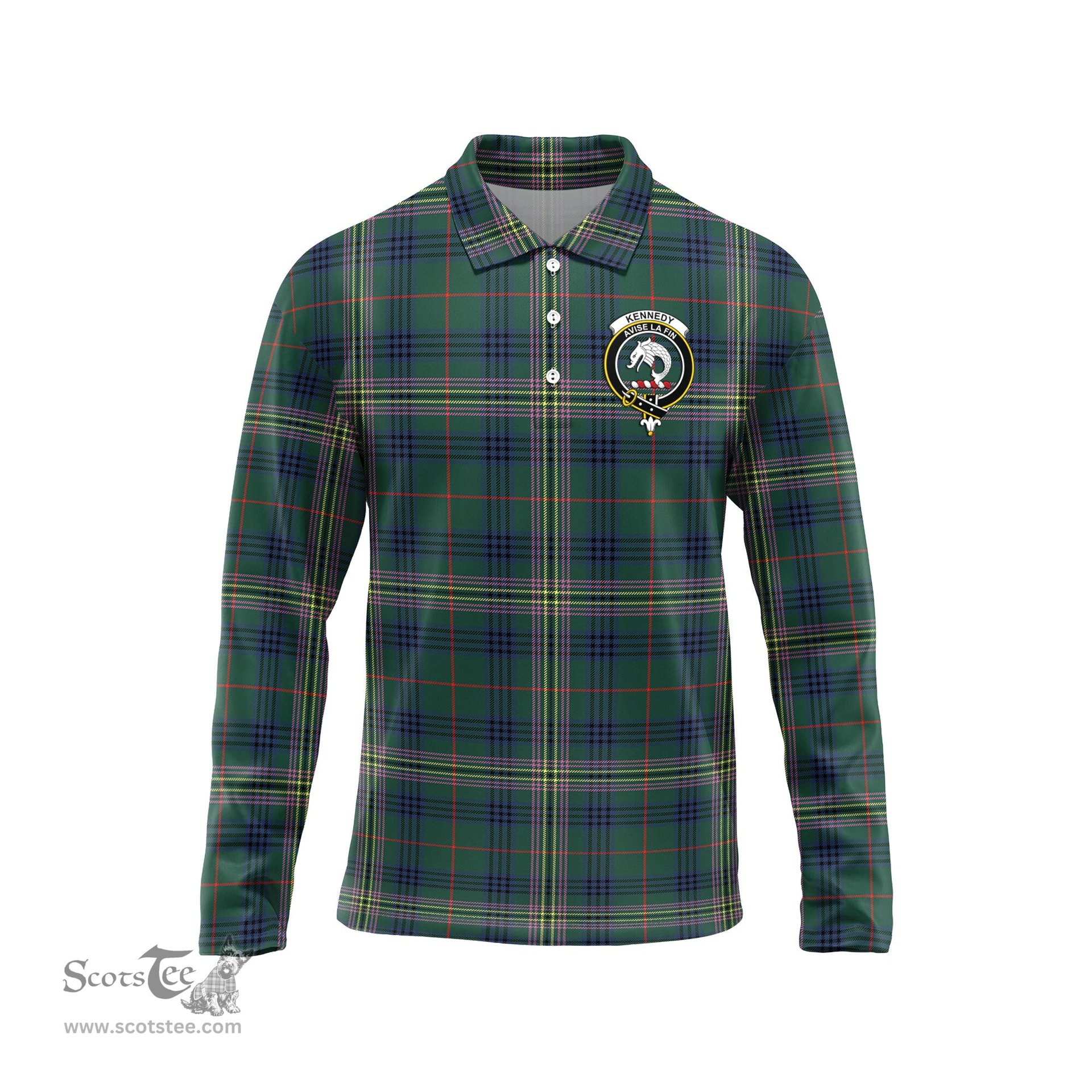 Scottish Kennedy Modern Clan Crest Tartan Polo Long Sleeve Plaid Polo Shirt