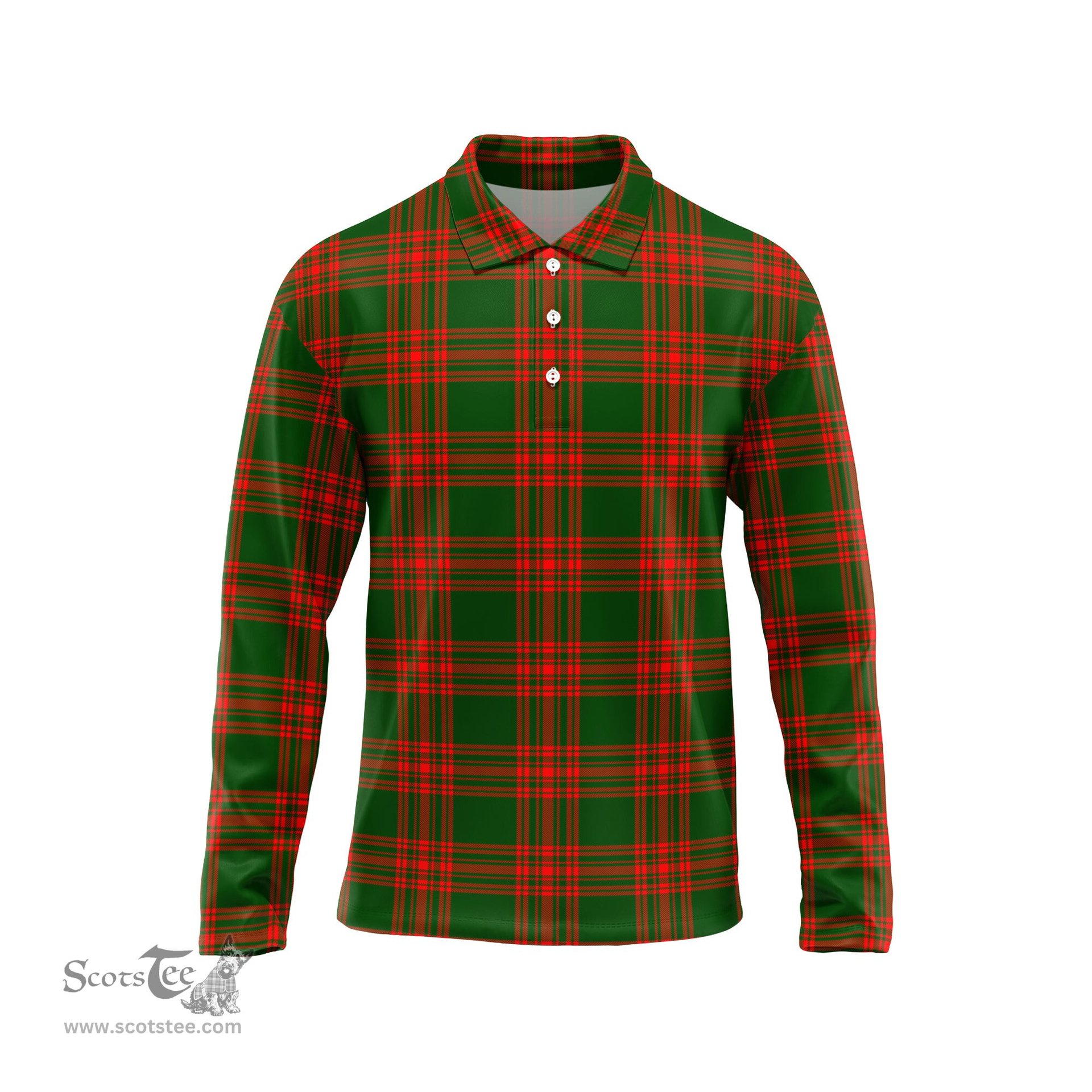 Scottish Menzies Green Modern Tartan Long Sleeve Plaid Polo Shirt