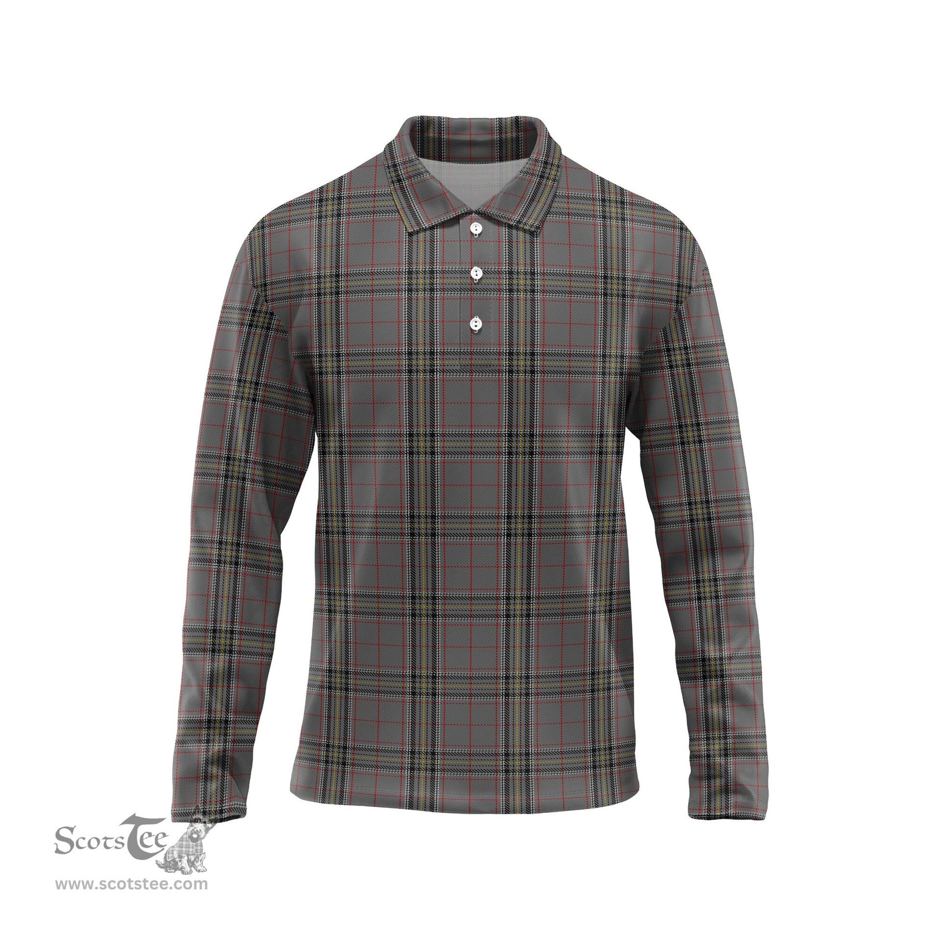 Scottish Stewart Grey Tartan Long Sleeve Plaid Polo Shirt