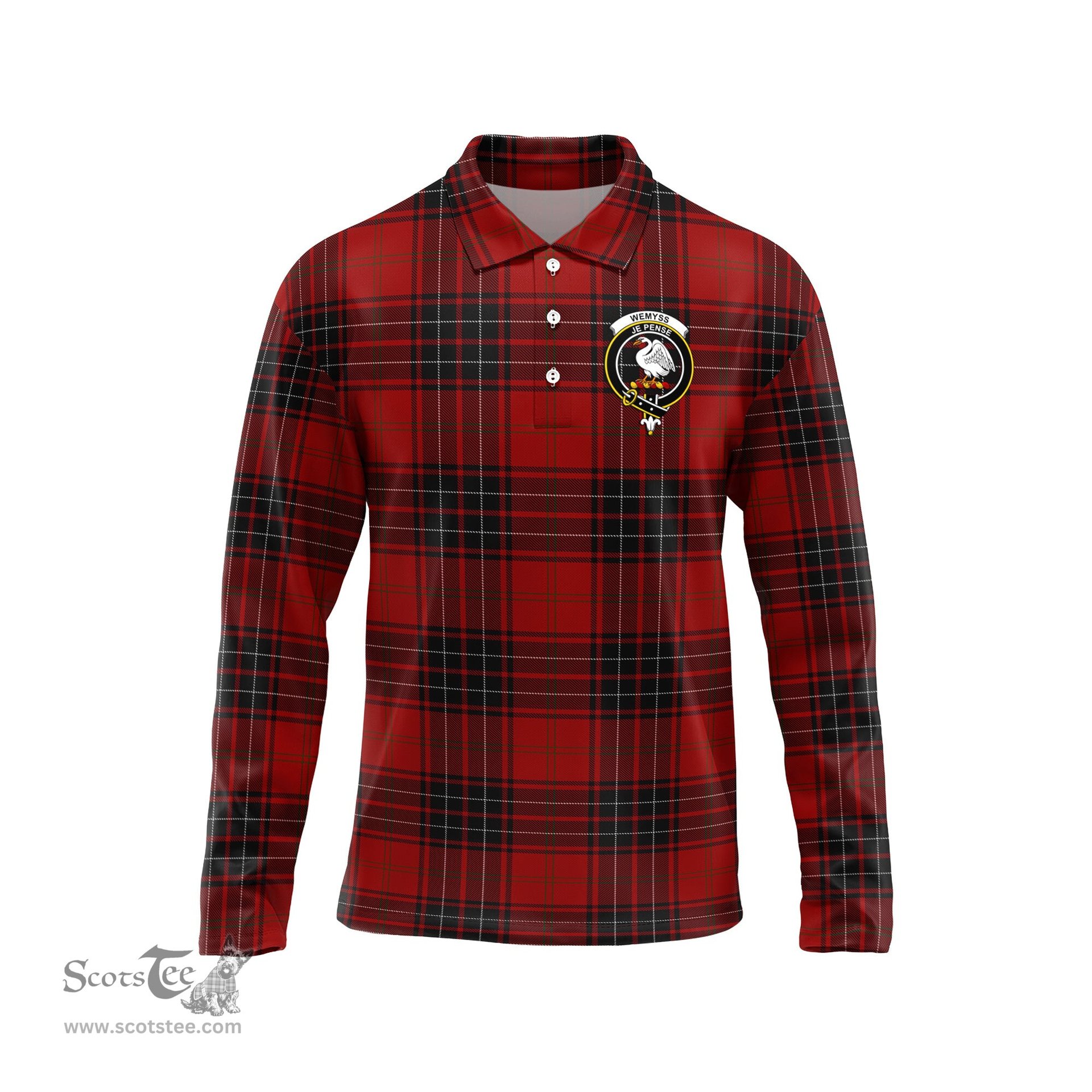 Scottish Wemyss Clan Crest Tartan Polo Long Sleeve Plaid Polo Shirt