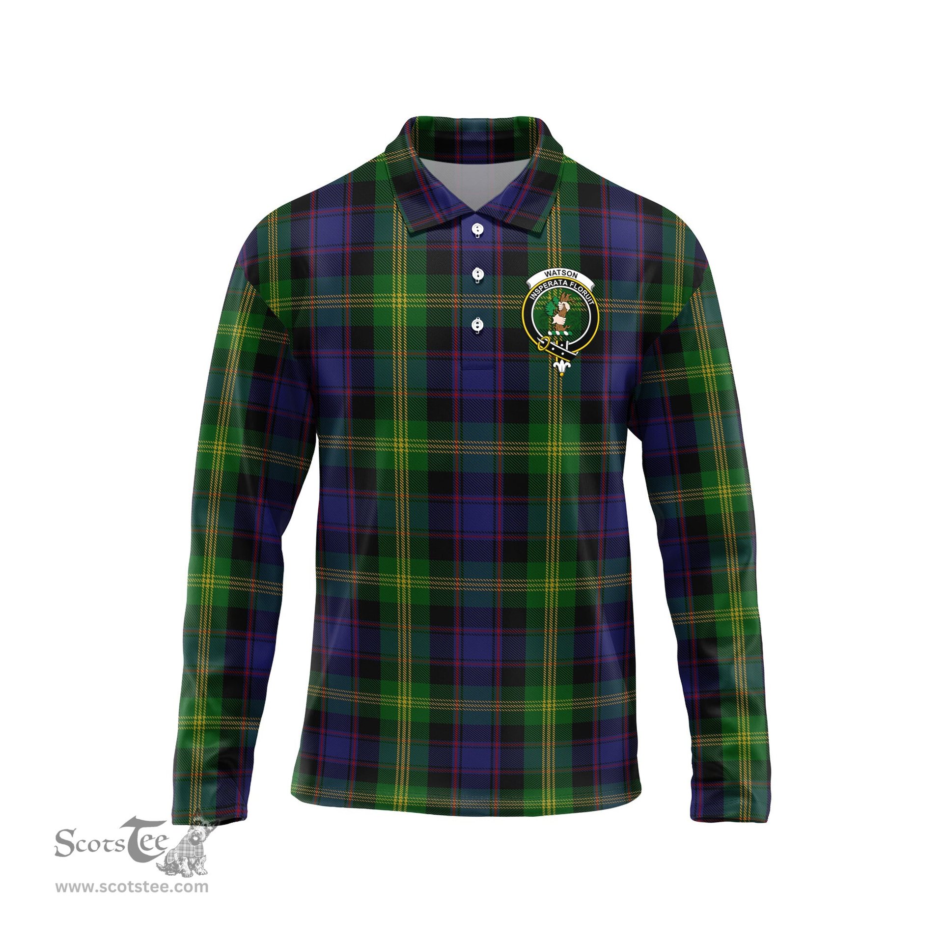 Scottish Watson Clan Crest Tartan Polo Long Sleeve Plaid Polo Shirt