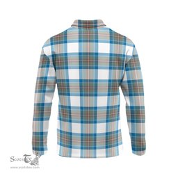 Scottish Stewart Muted Blue Tartan Long Sleeve Plaid Polo Shirt