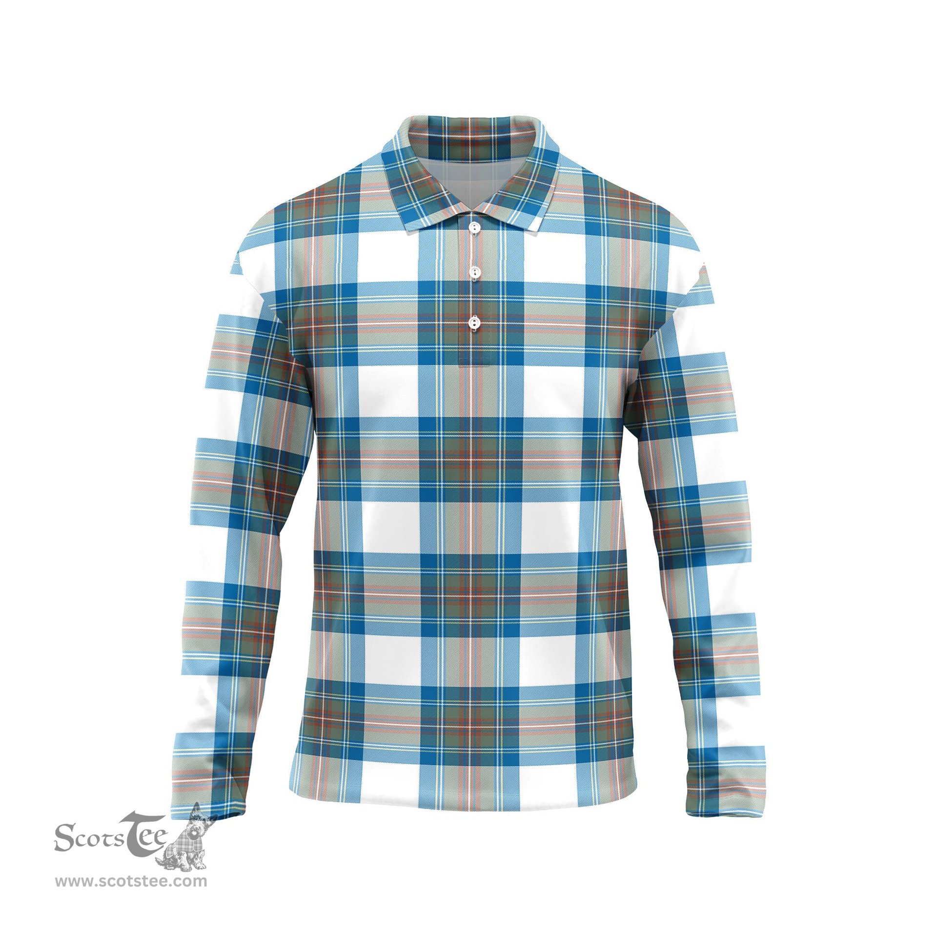 Scottish Stewart Muted Blue Tartan Long Sleeve Plaid Polo Shirt