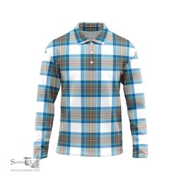 Scottish Stewart Muted Blue Tartan Long Sleeve Plaid Polo Shirt