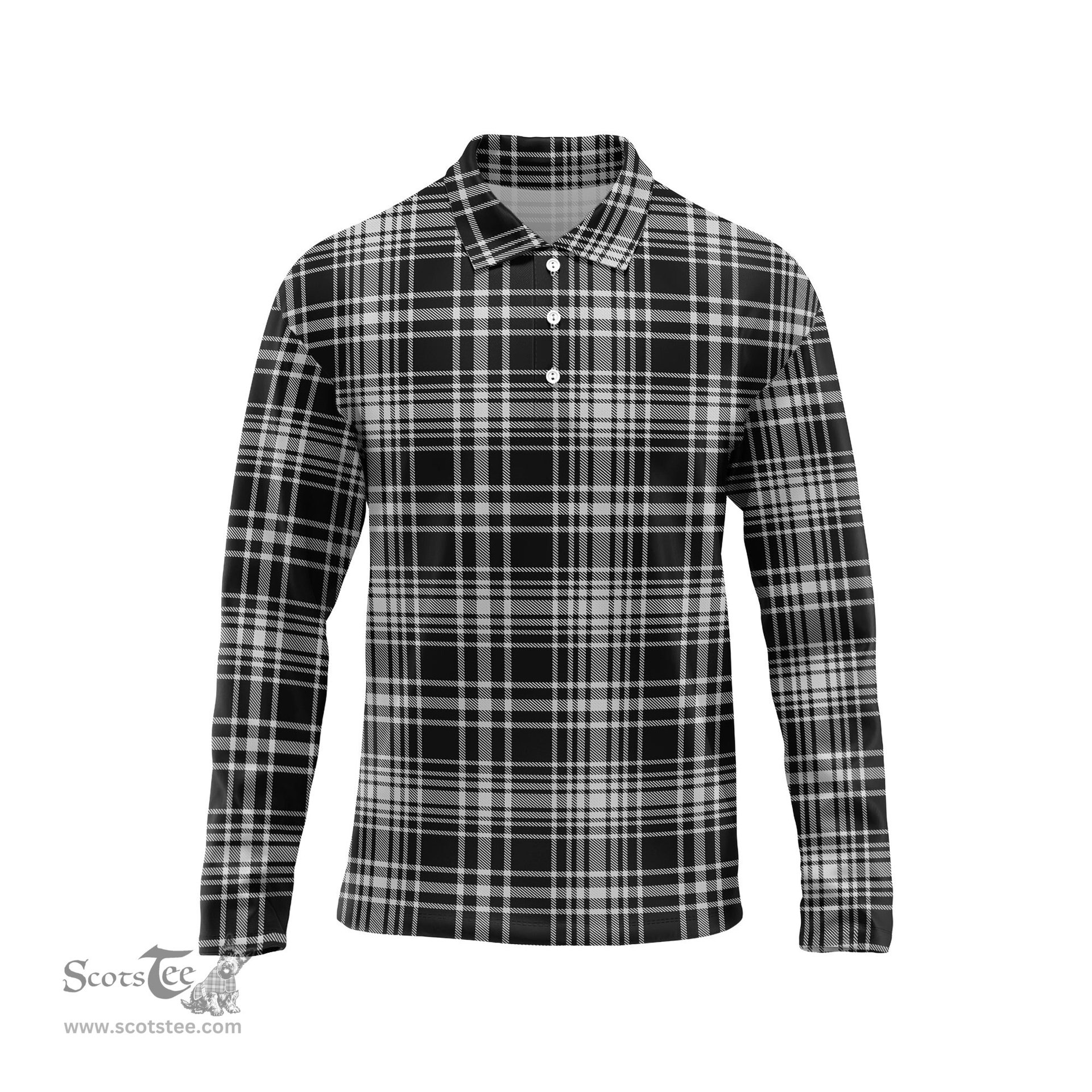 Scottish MacLean Black and White Tartan Long Sleeve Plaid Polo Shirt