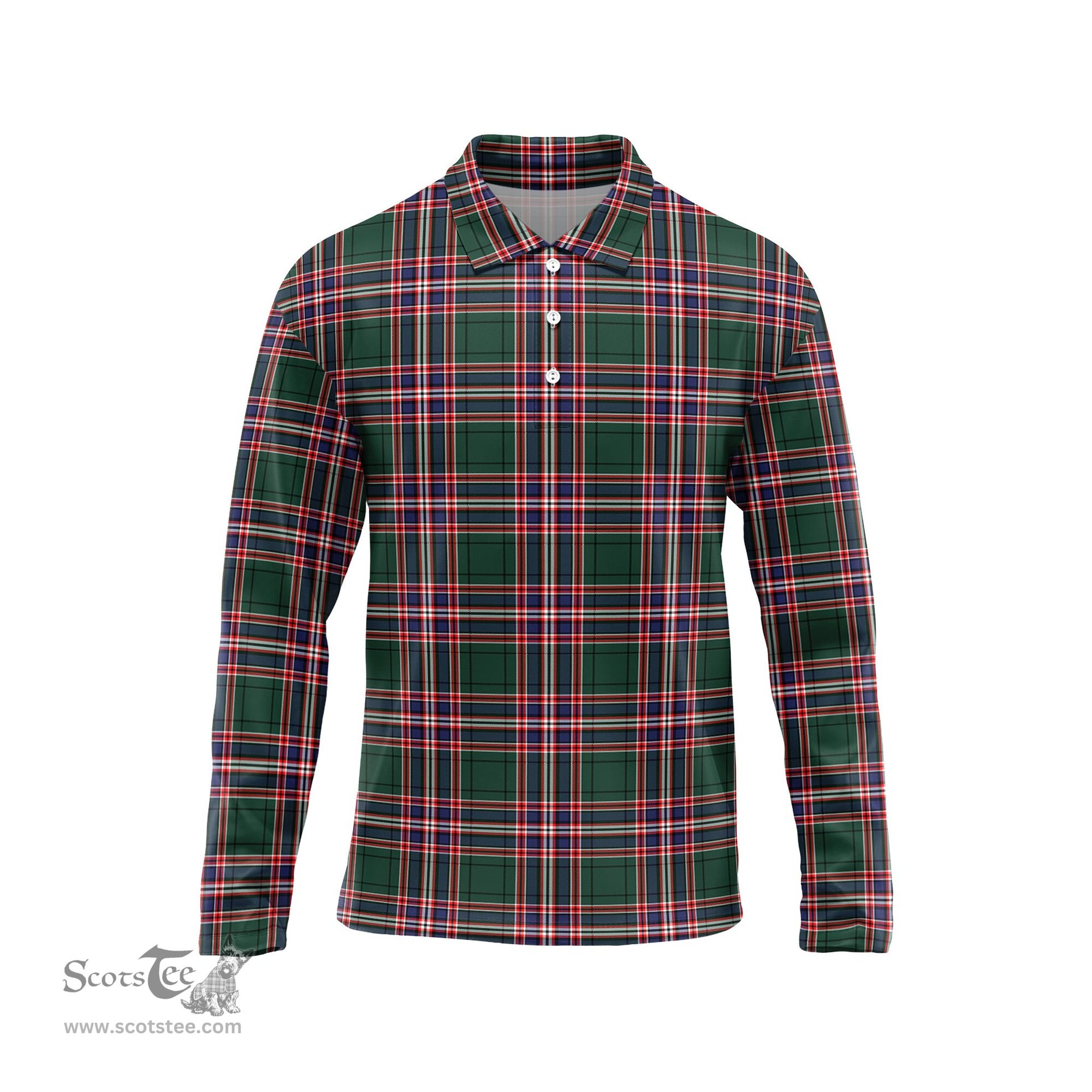 Scottish MacFarlane Hunting Modern Tartan Long Sleeve Plaid Polo Shirt