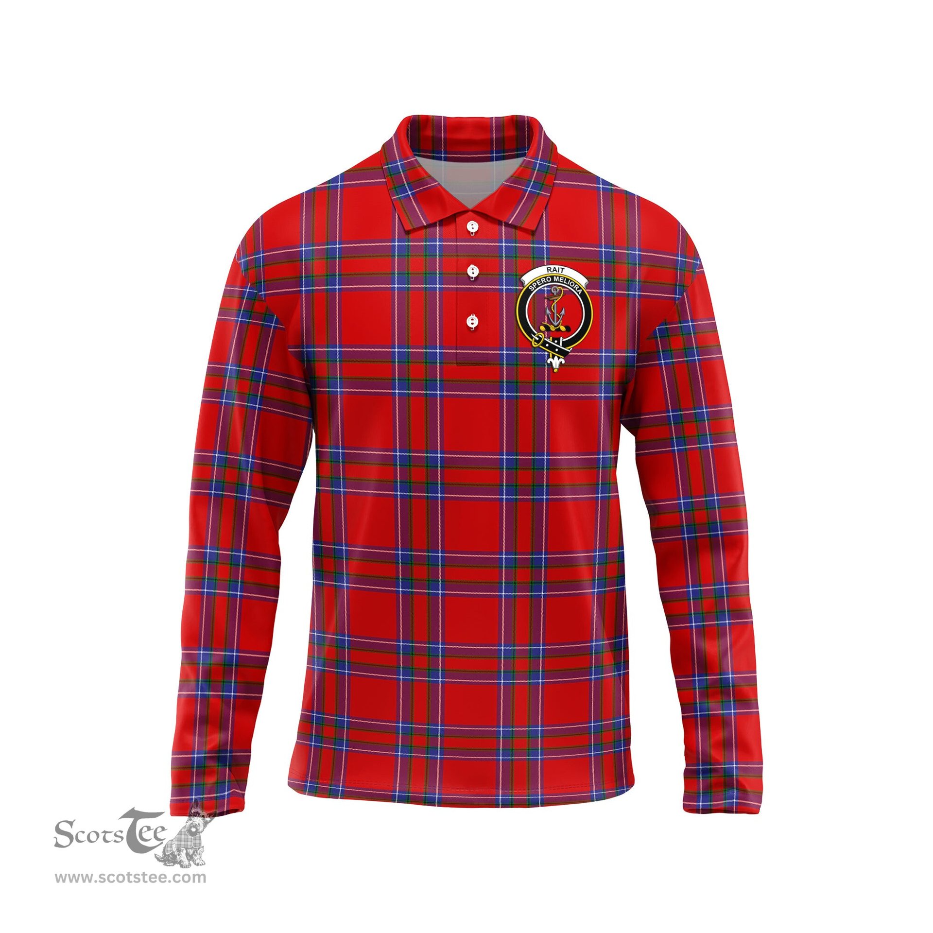 Scottish Rait Clan Crest Tartan Polo Long Sleeve Plaid Polo Shirt