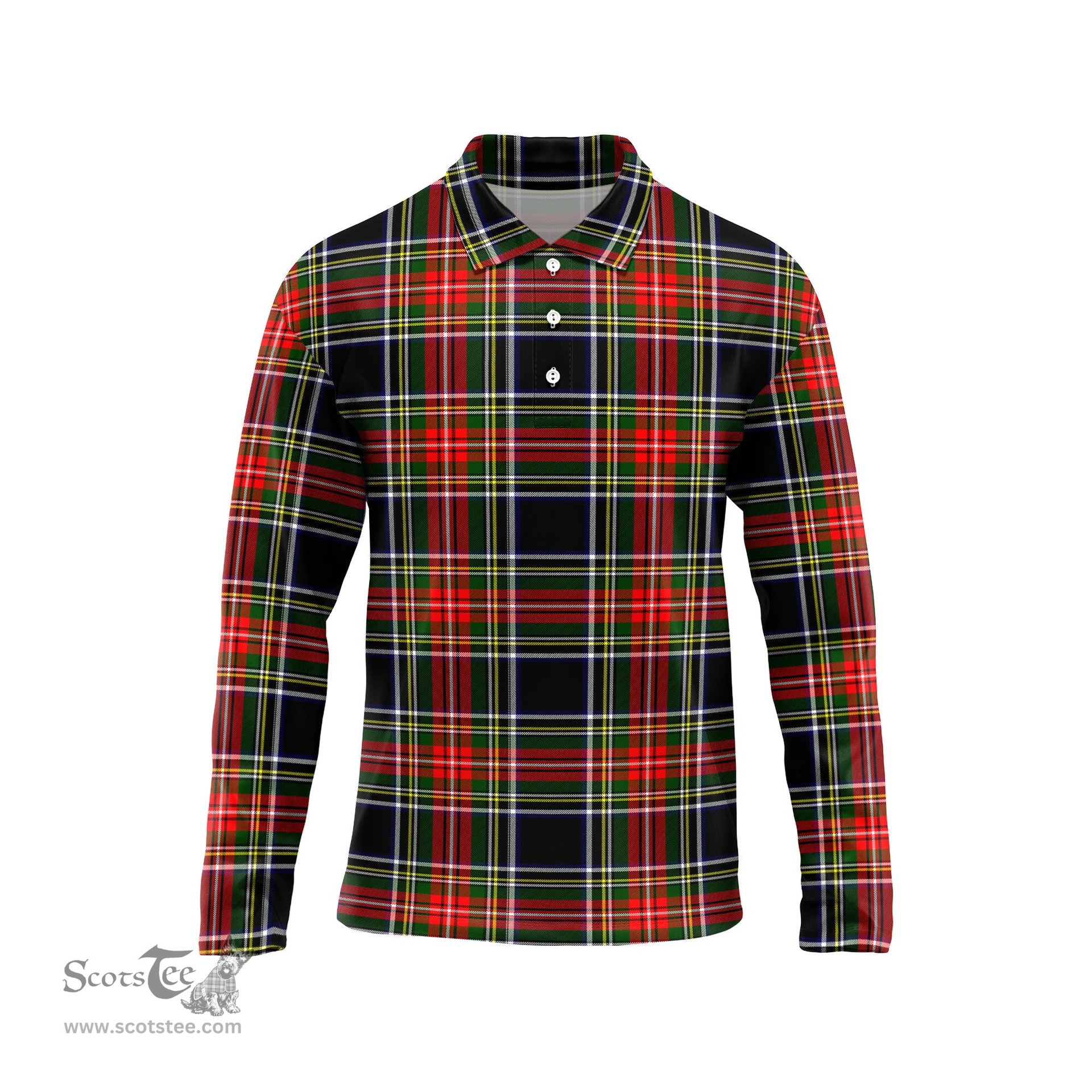 Scottish Stewart Black Tartan Long Sleeve Plaid Polo Shirt