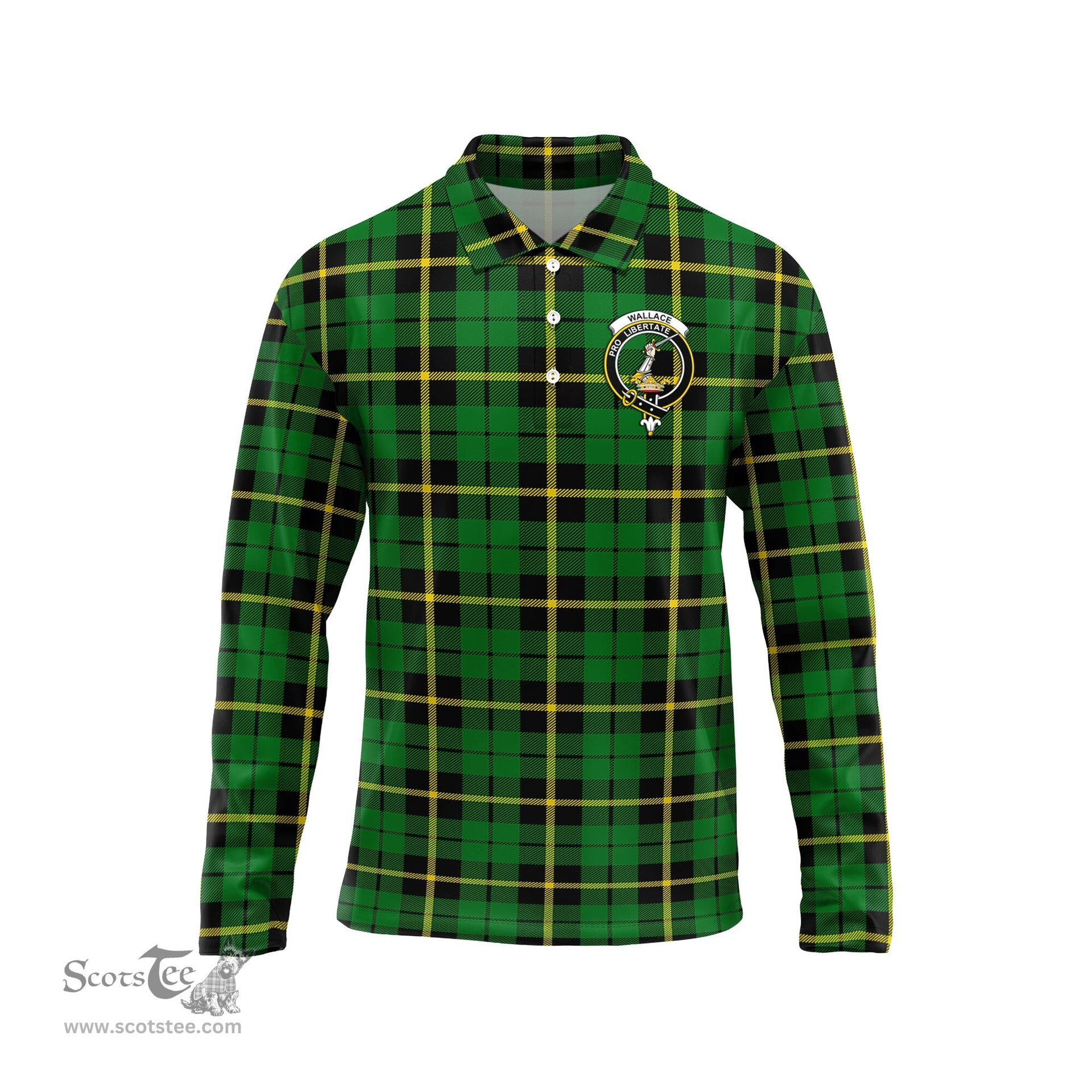 Scottish Wallace Hunting Green Clan Crest Tartan Polo Long Sleeve Plaid Polo Shirt