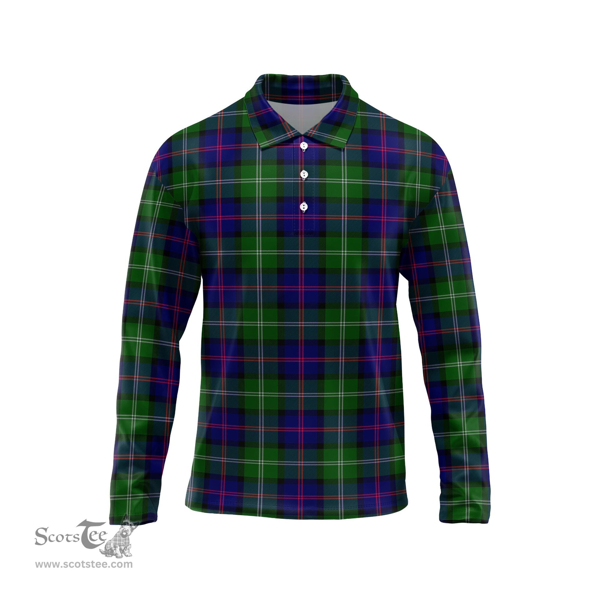 Scottish MacThomas Modern Tartan Long Sleeve Plaid Polo Shirt