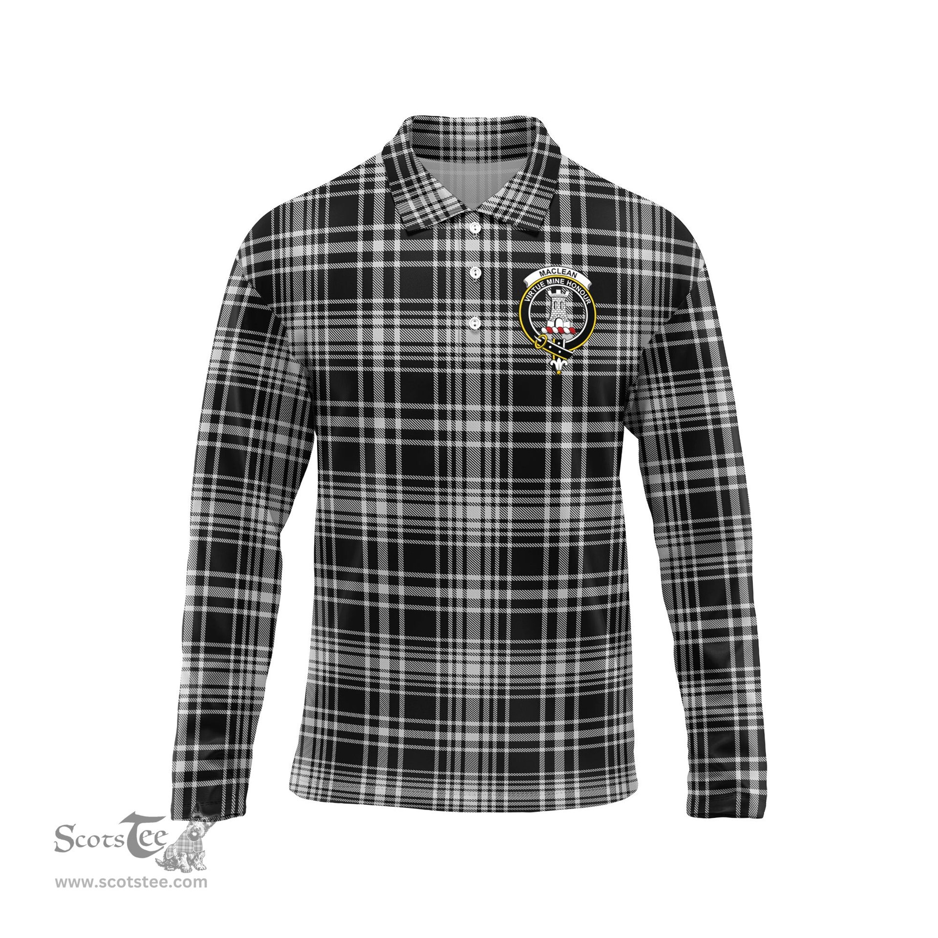 Scottish MacLean Black and White Clan Crest Tartan Polo Long Sleeve Plaid Polo Shirt