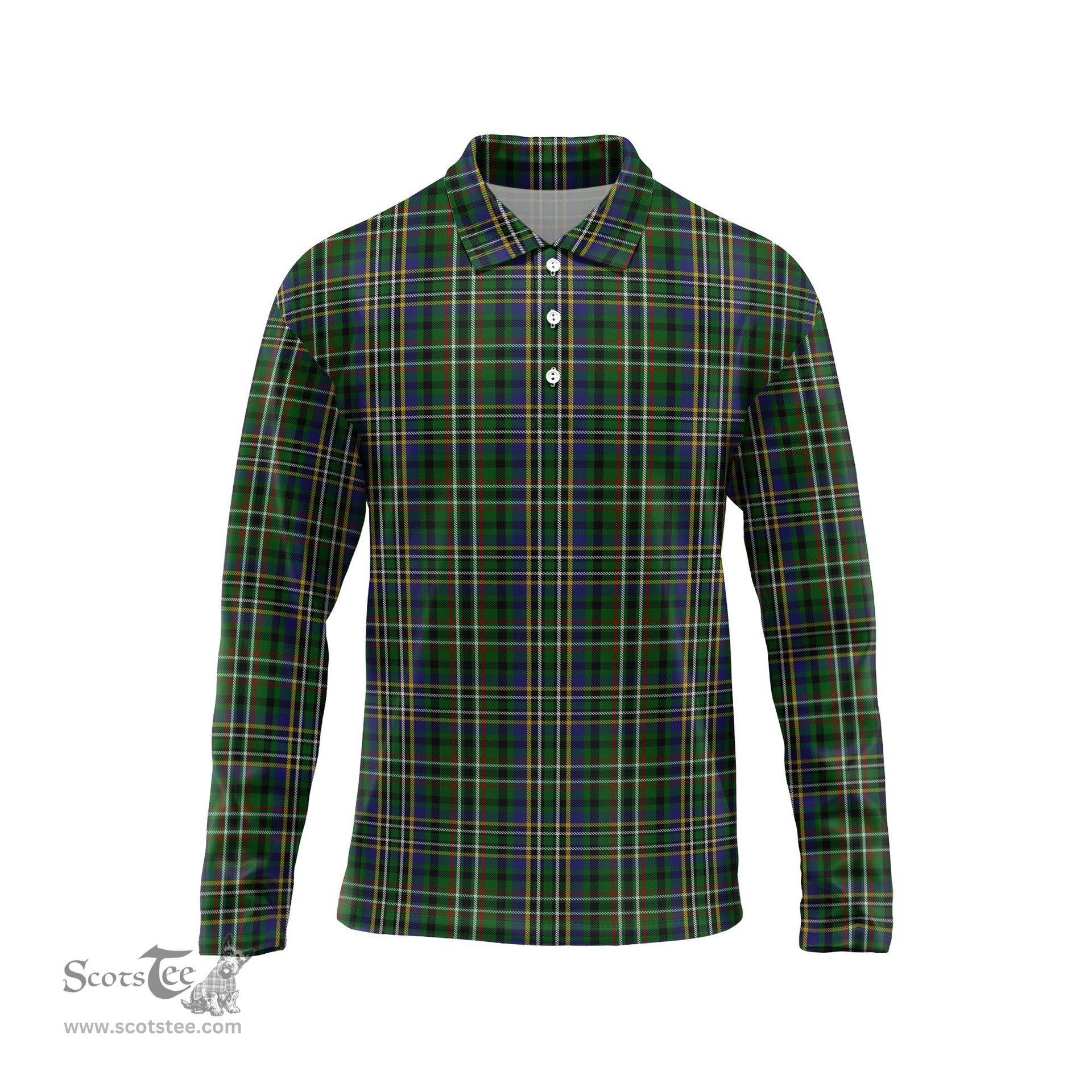 Scottish Scott Green Tartan Long Sleeve Plaid Polo Shirt